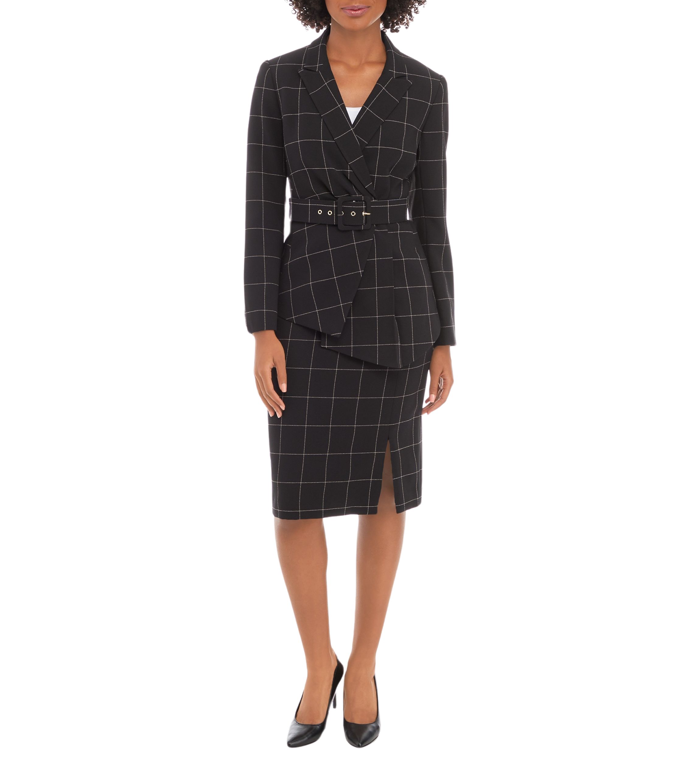 WINDOWPANE BELTED JACKET AND SKIRT