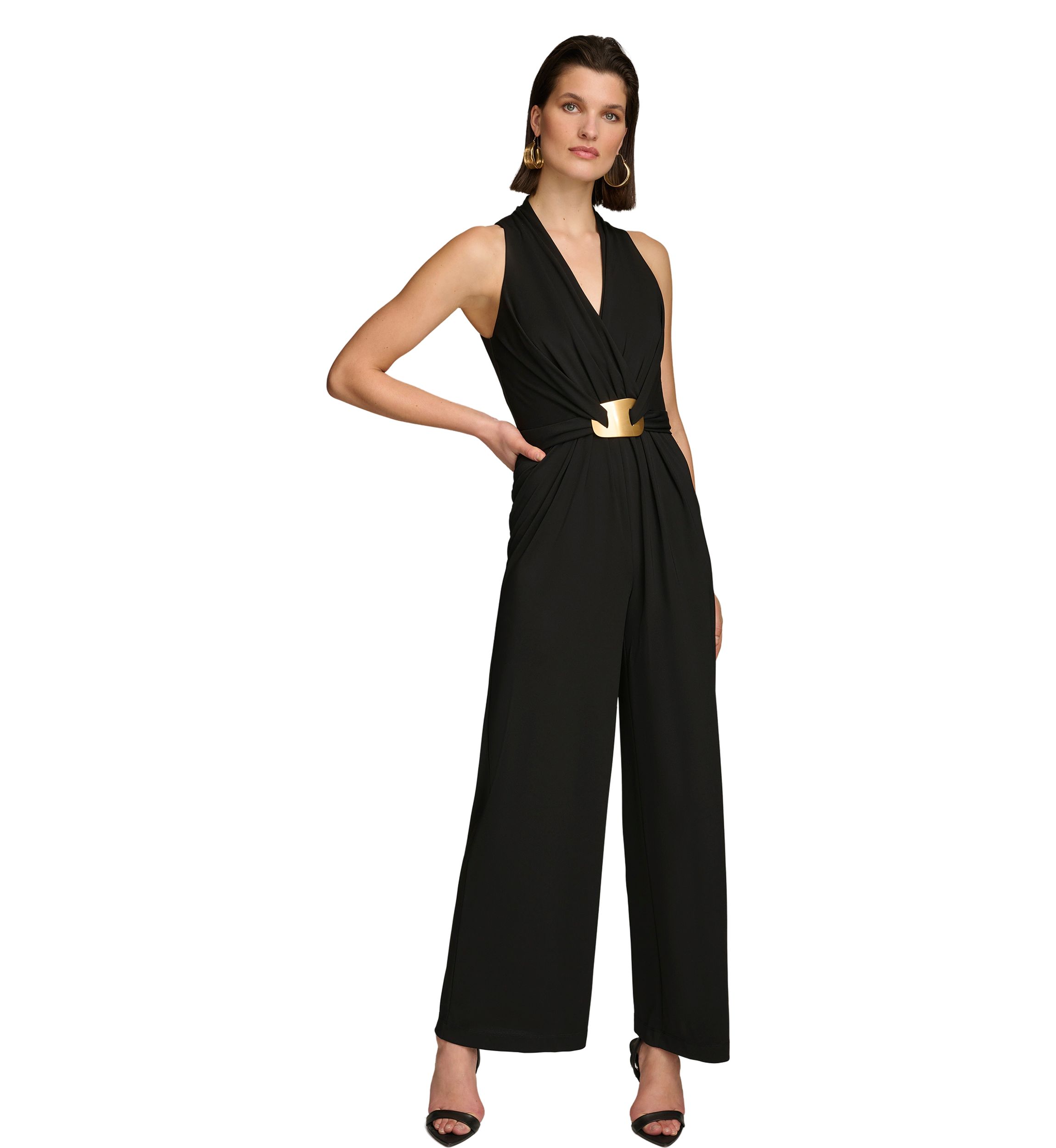 Womens Sleeveless V-Neck Solid Scuba Jumpsuit