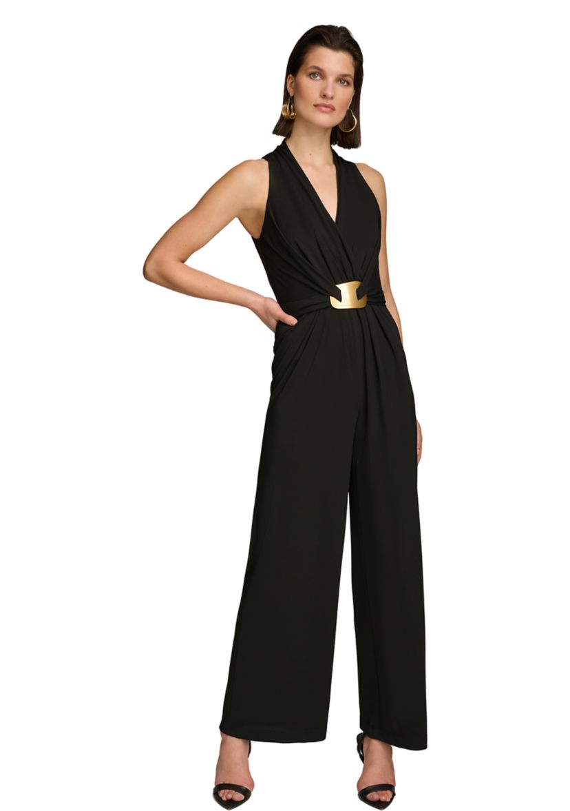 Womens Sleeveless V-Neck Solid Scuba Jumpsuit