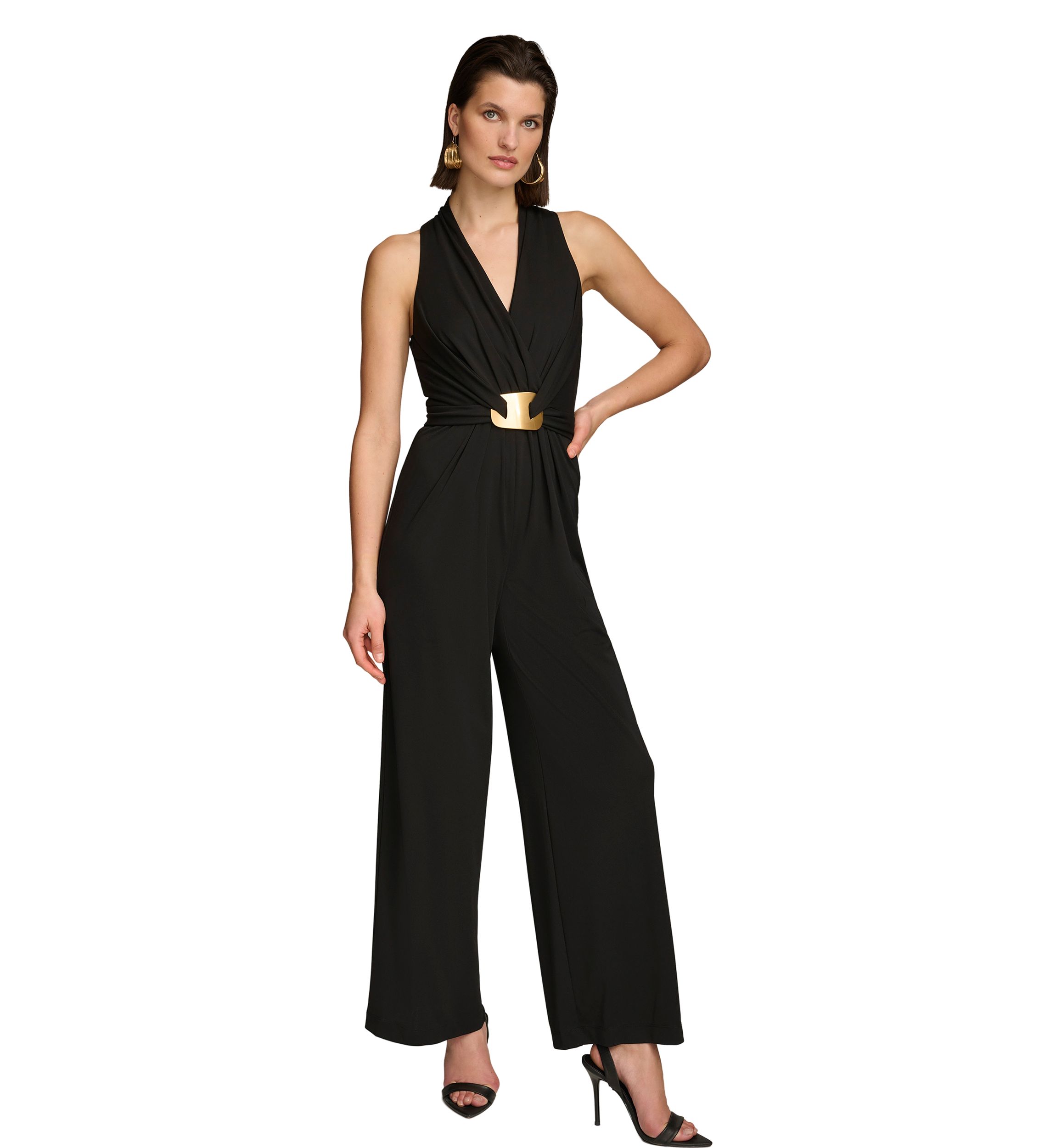 Womens Sleeveless V-Neck Solid Scuba Jumpsuit