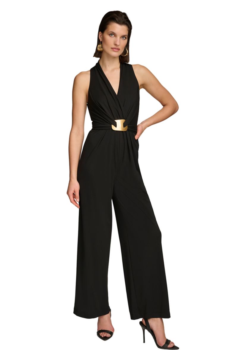 Womens Sleeveless V-Neck Solid Scuba Jumpsuit