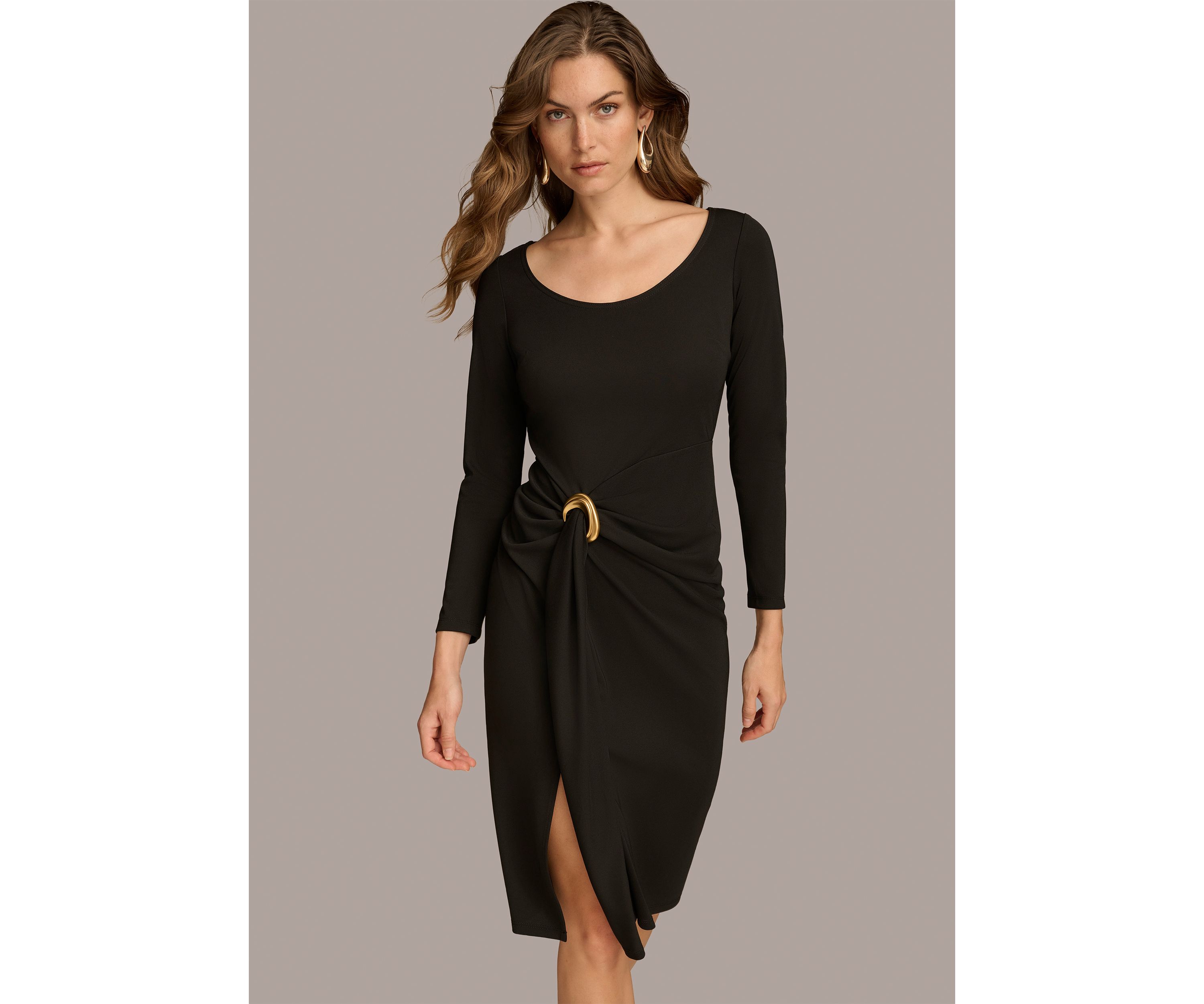 Womens Ruched Round Neck Midi Dress