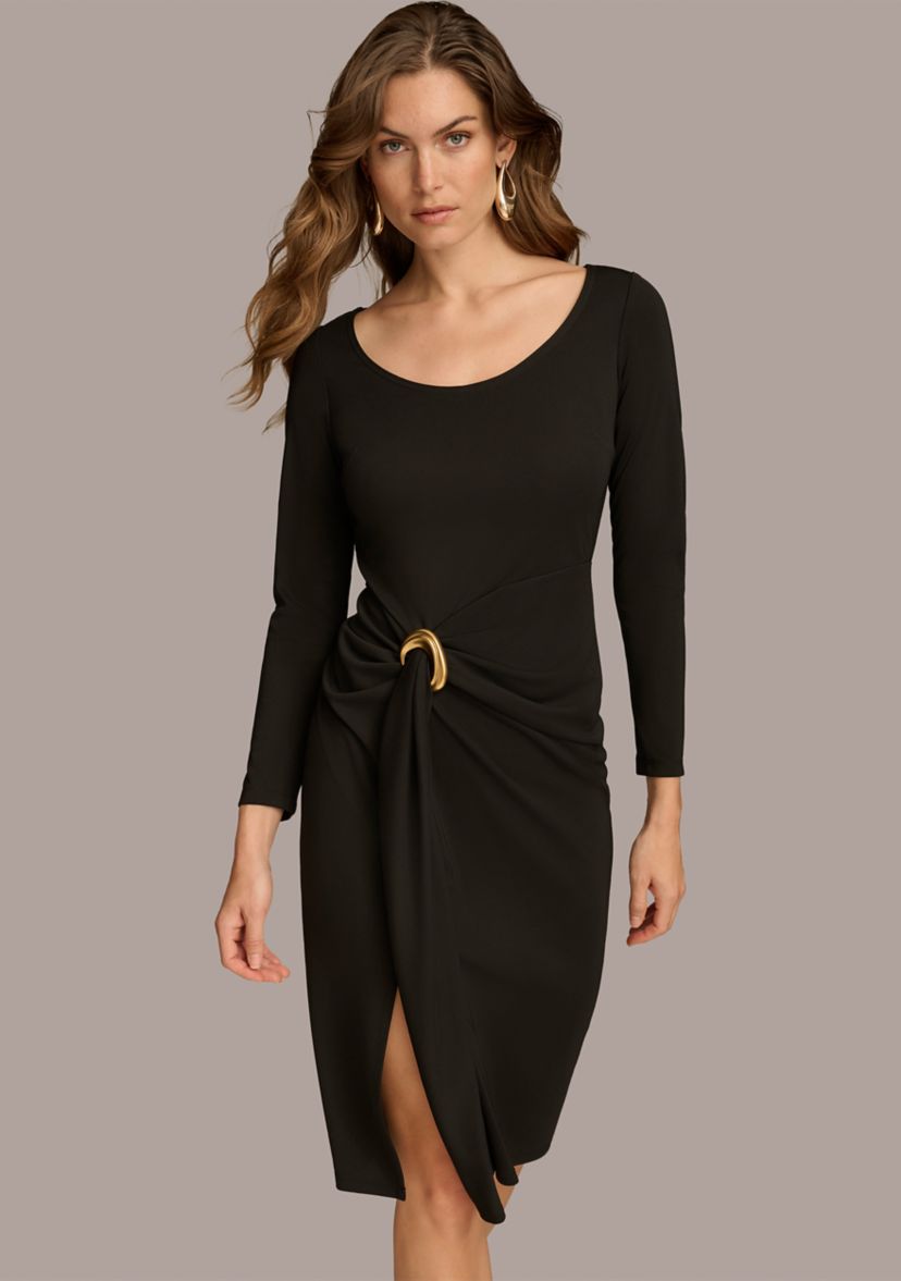 Womens Ruched Round Neck Midi Dress