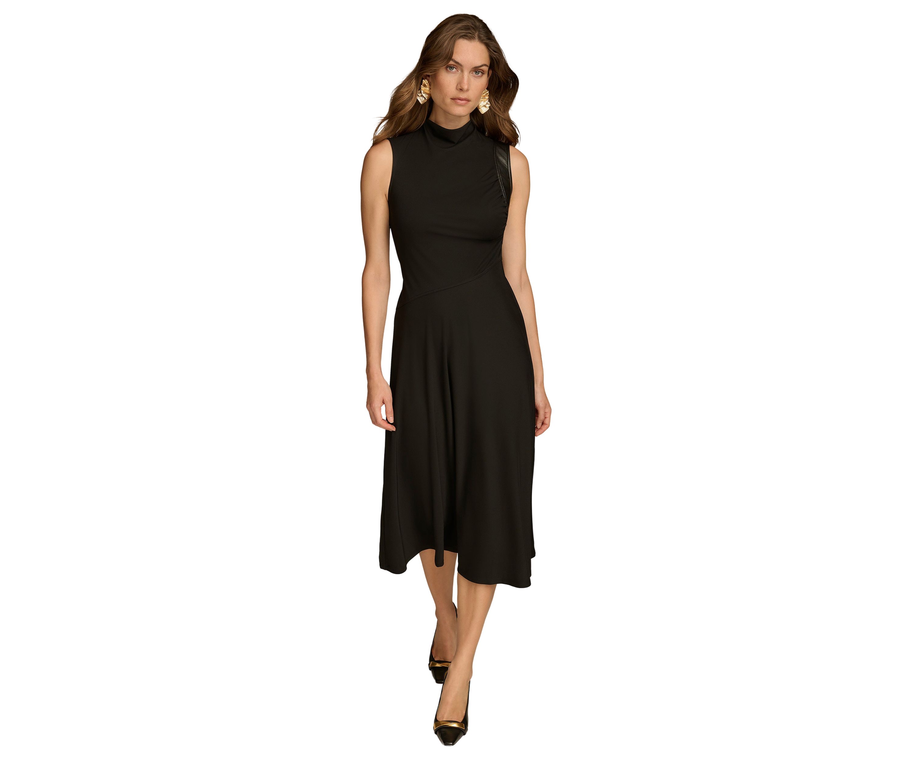 Womens Sleeveless Mock Neck Solid Midi Dress