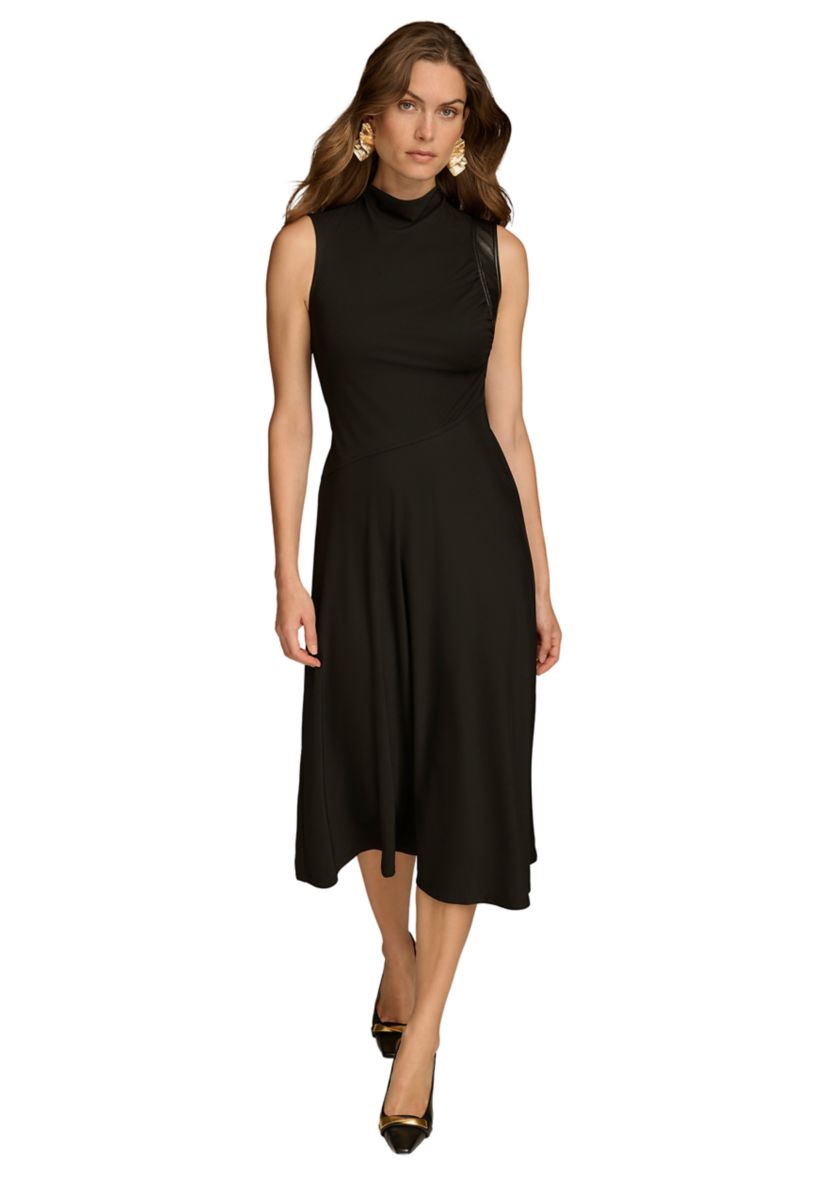 Womens Sleeveless Mock Neck Solid Midi Dress