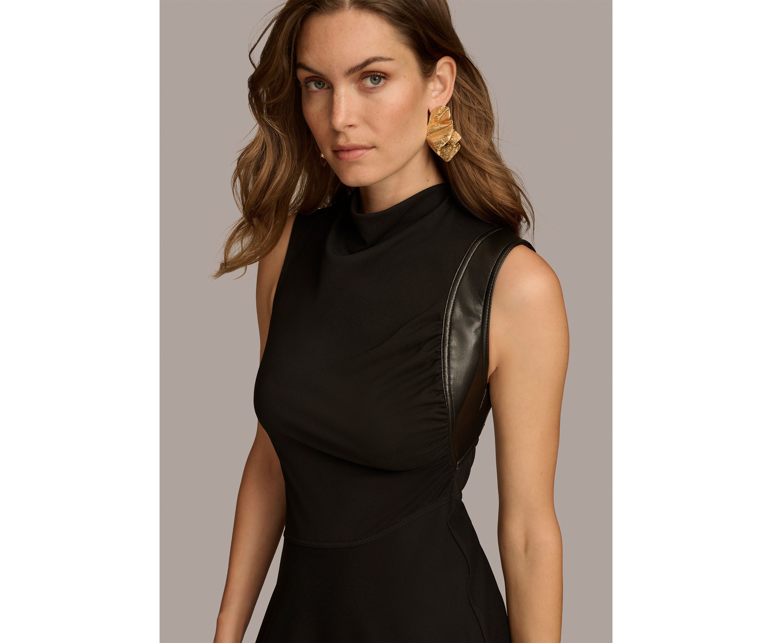 Womens Sleeveless Mock Neck Solid Midi Dress