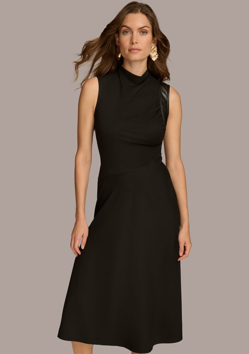Womens Sleeveless Mock Neck Solid Midi Dress