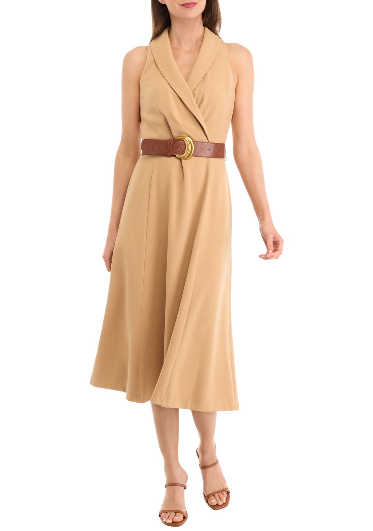 Womens Sleeveless Collar V-Neck Belted Dress