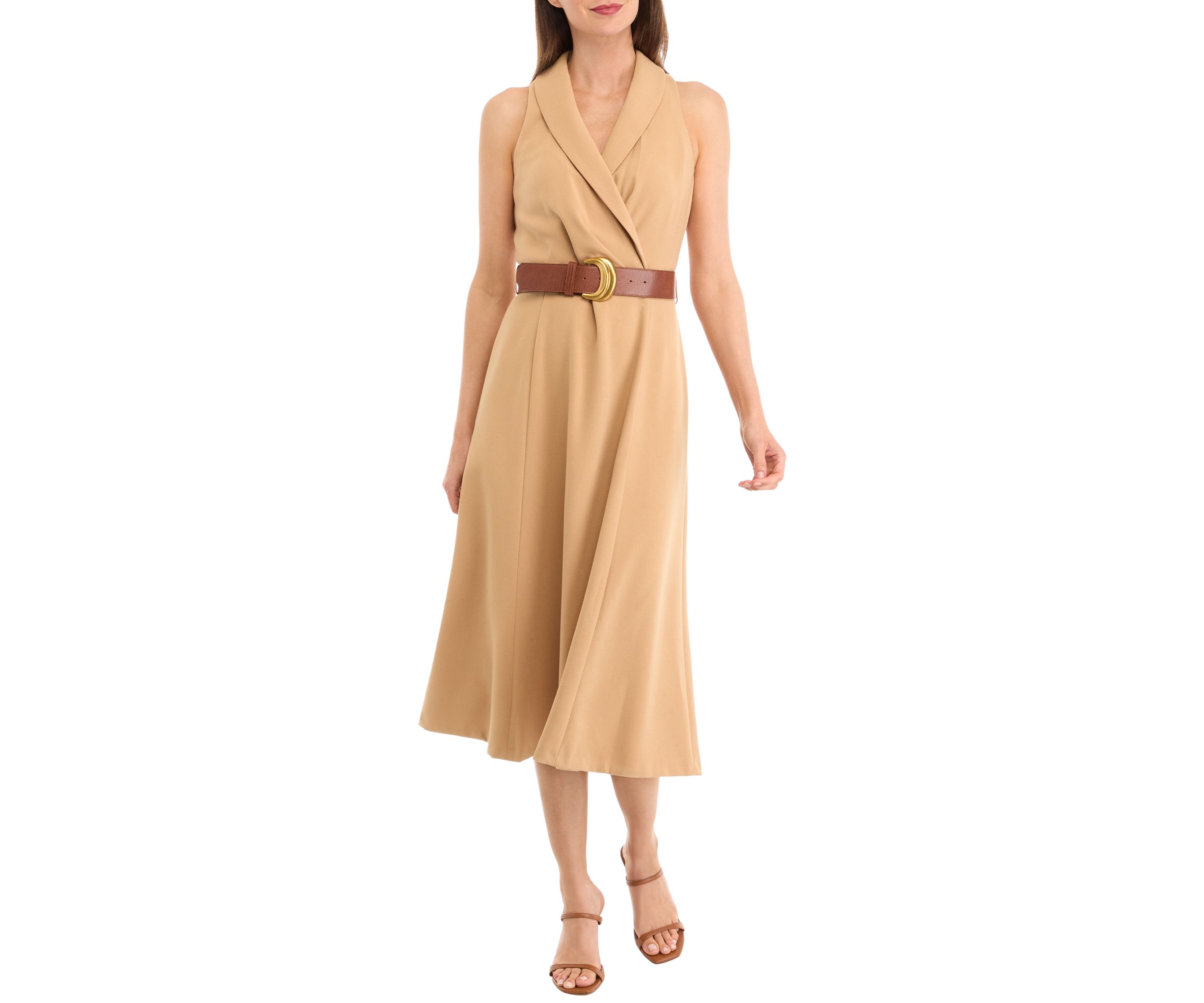 Womens Sleeveless Collar V-Neck Belted Dress