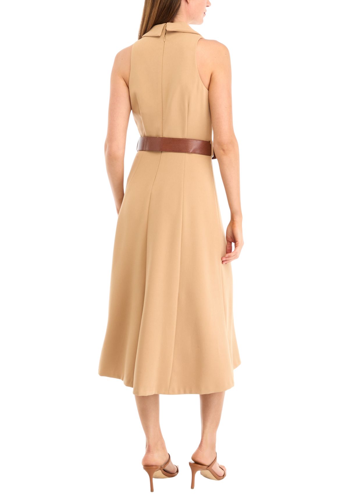 Womens Sleeveless Collar V-Neck Belted Dress