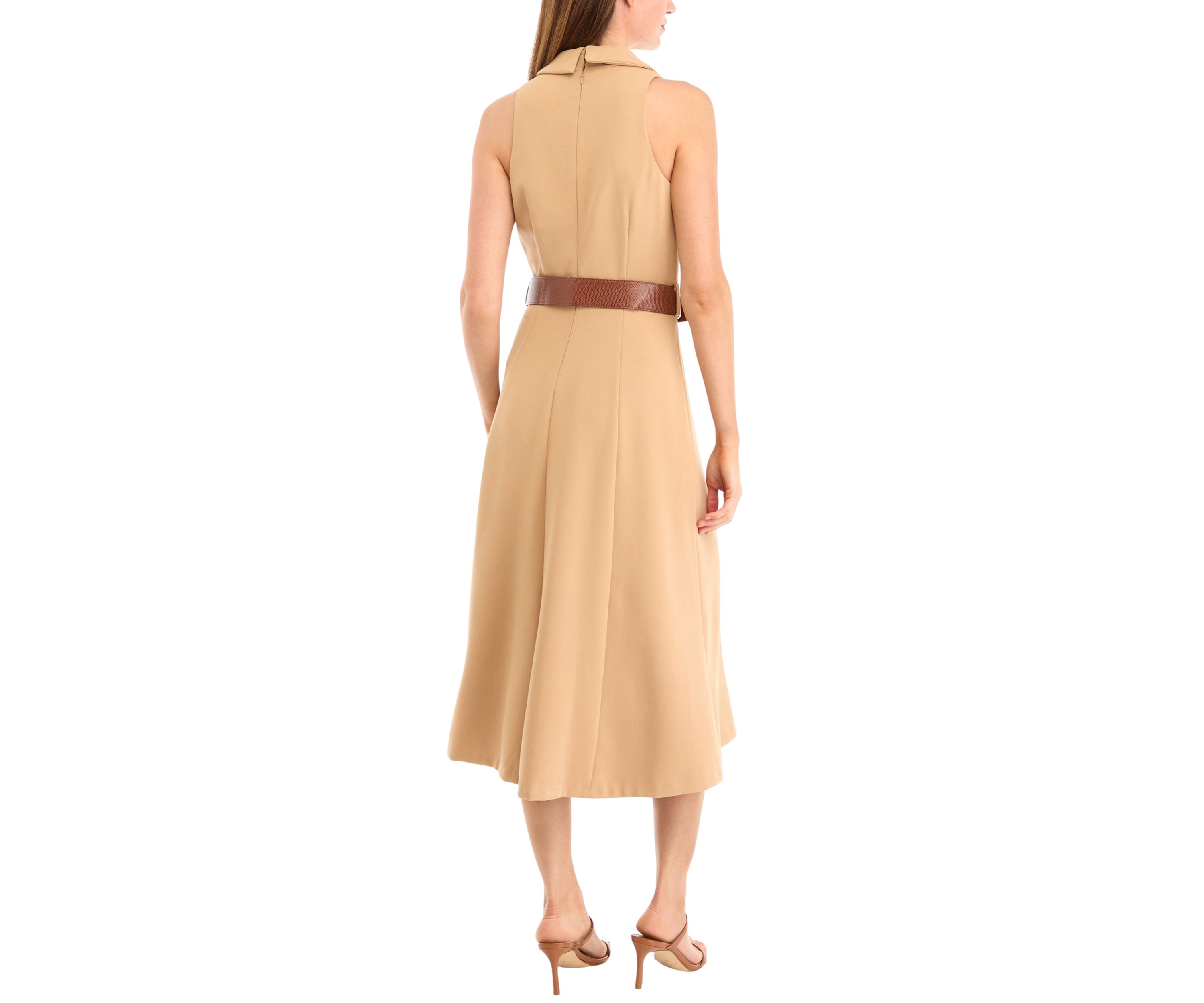 Womens Sleeveless Collar V-Neck Belted Dress