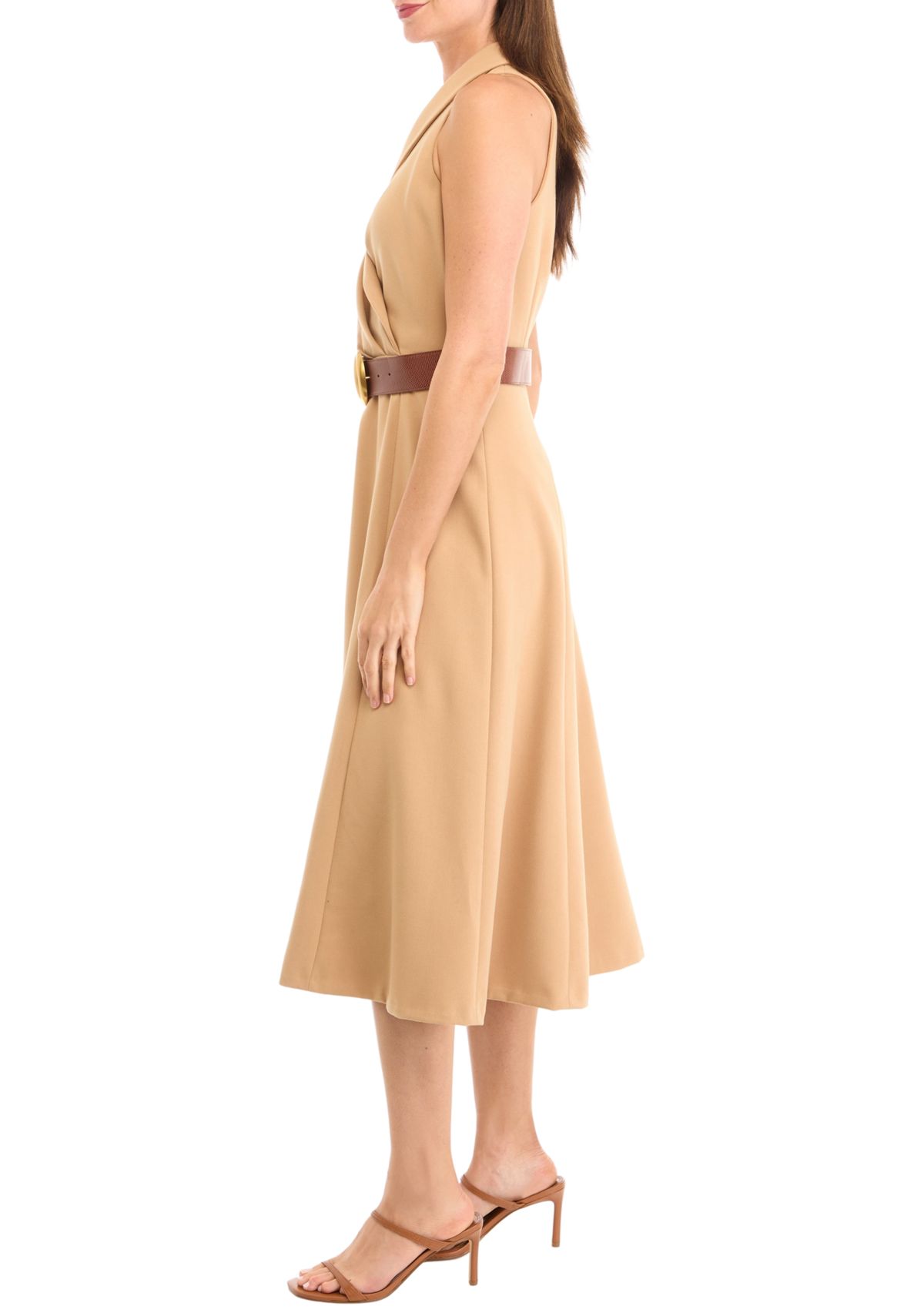 Womens Sleeveless Collar V-Neck Belted Dress