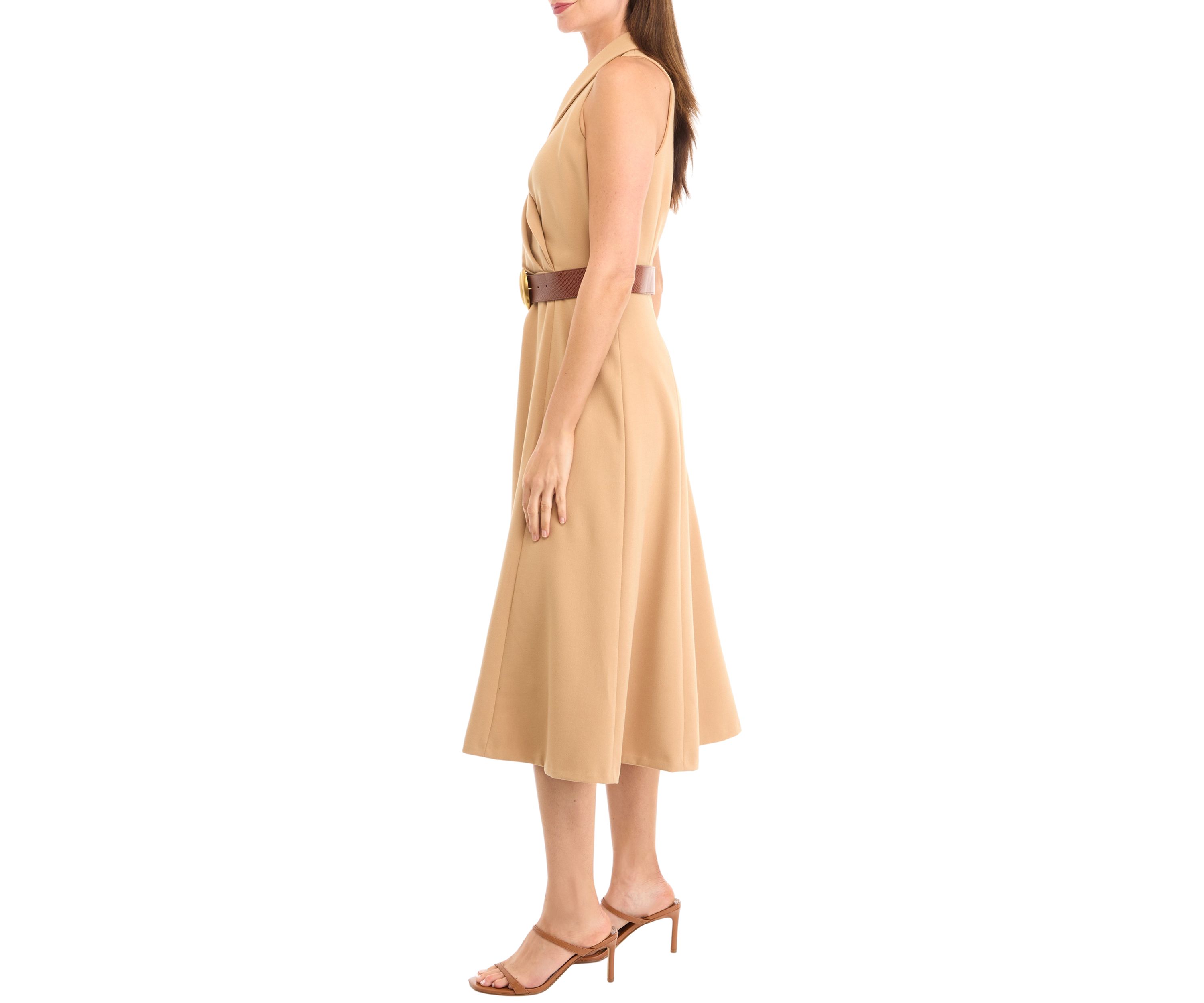 Womens Sleeveless Collar V-Neck Belted Dress