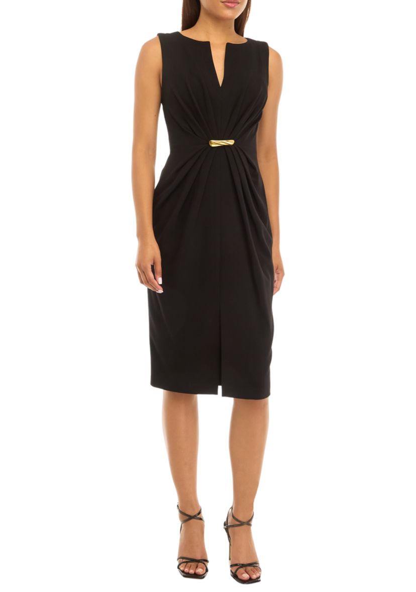 Womens Sleeveless V-Neck Crepe Fit and Flare Dress