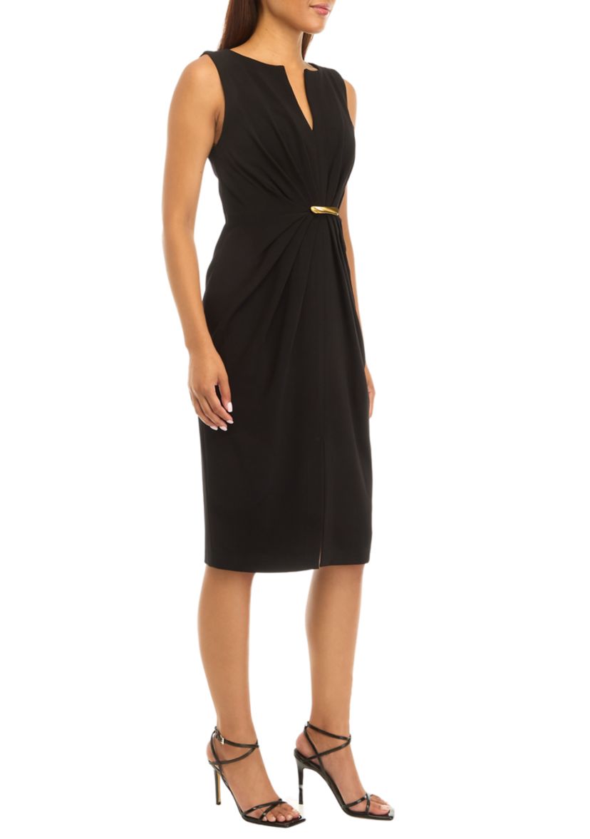 Womens Sleeveless V-Neck Crepe Fit and Flare Dress