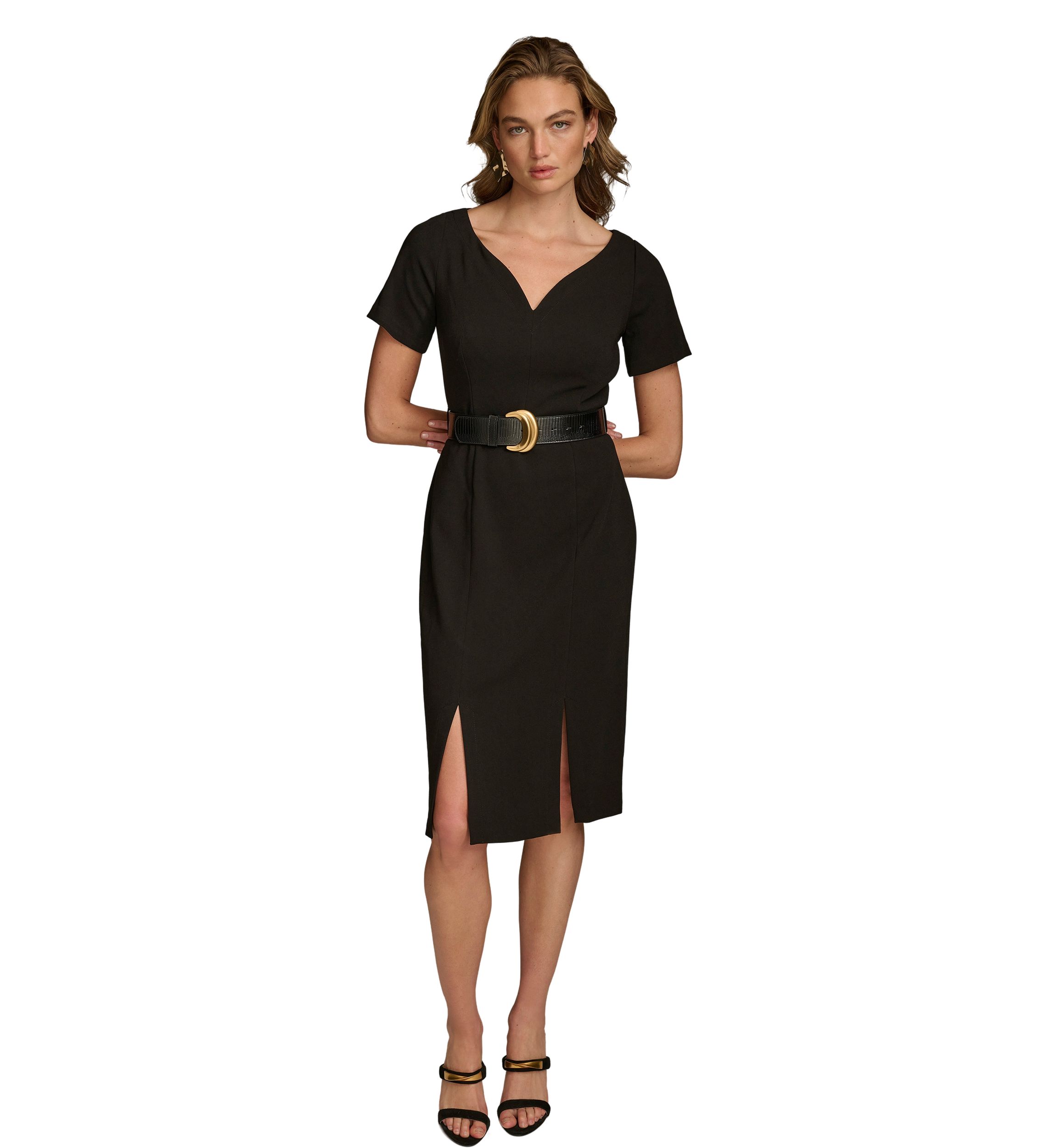 Womens Solid Belted Sheath Dress