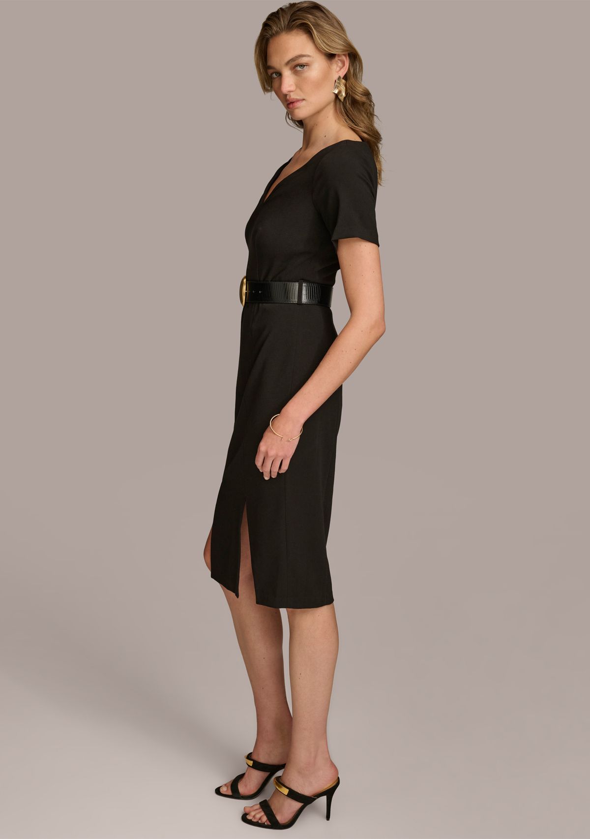 Womens Solid Belted Sheath Dress