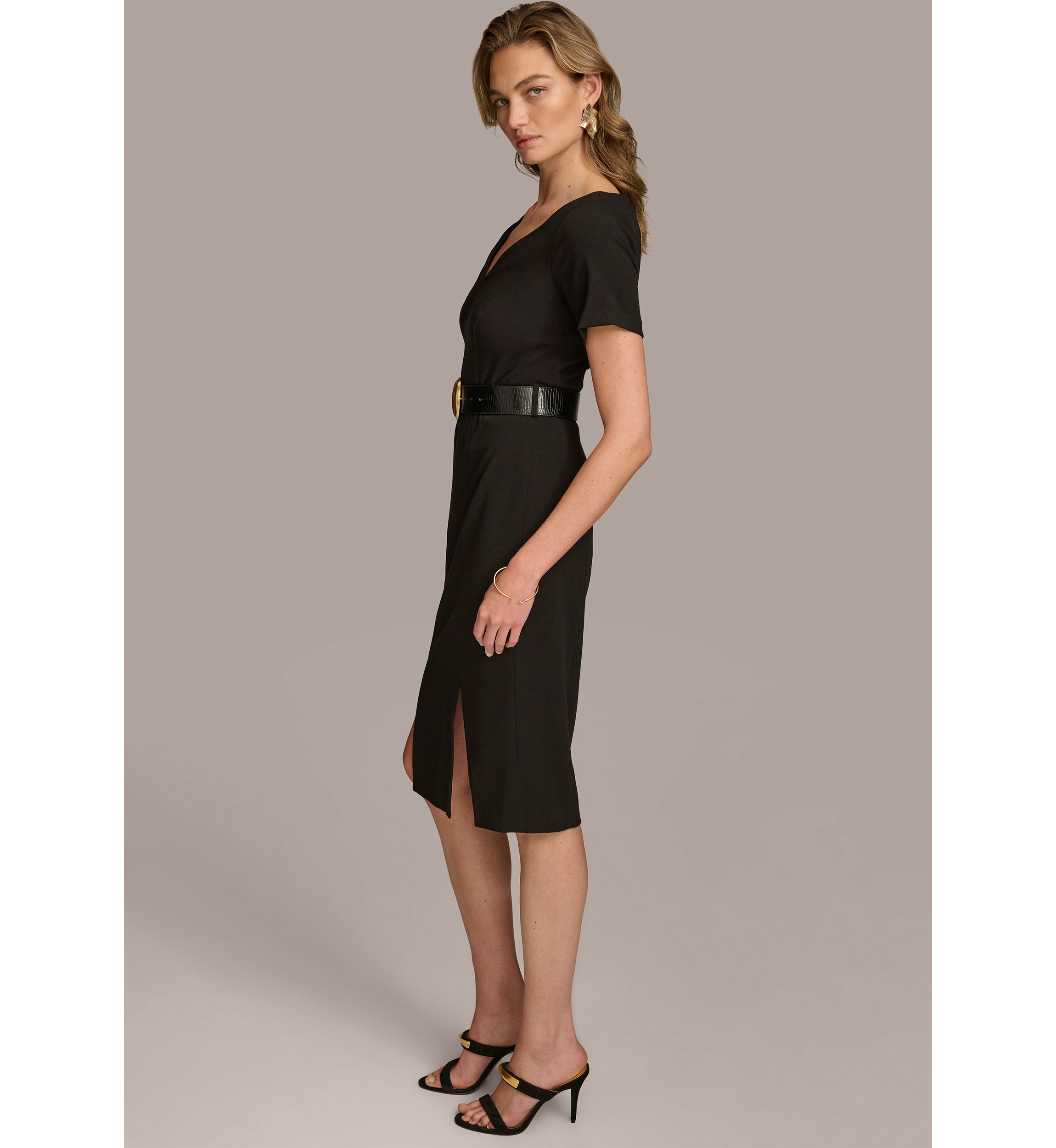 Womens Solid Belted Sheath Dress