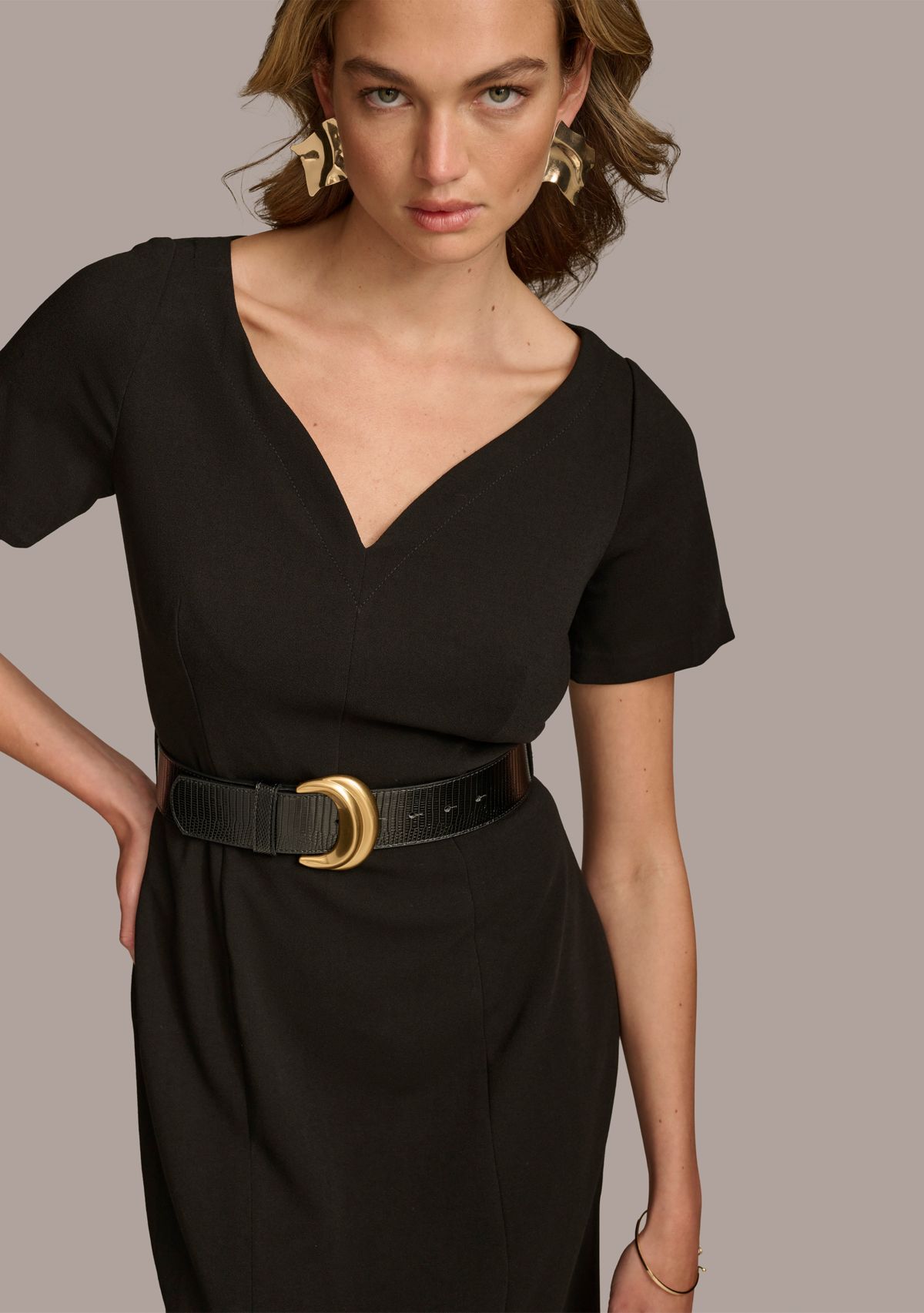 Womens Solid Belted Sheath Dress
