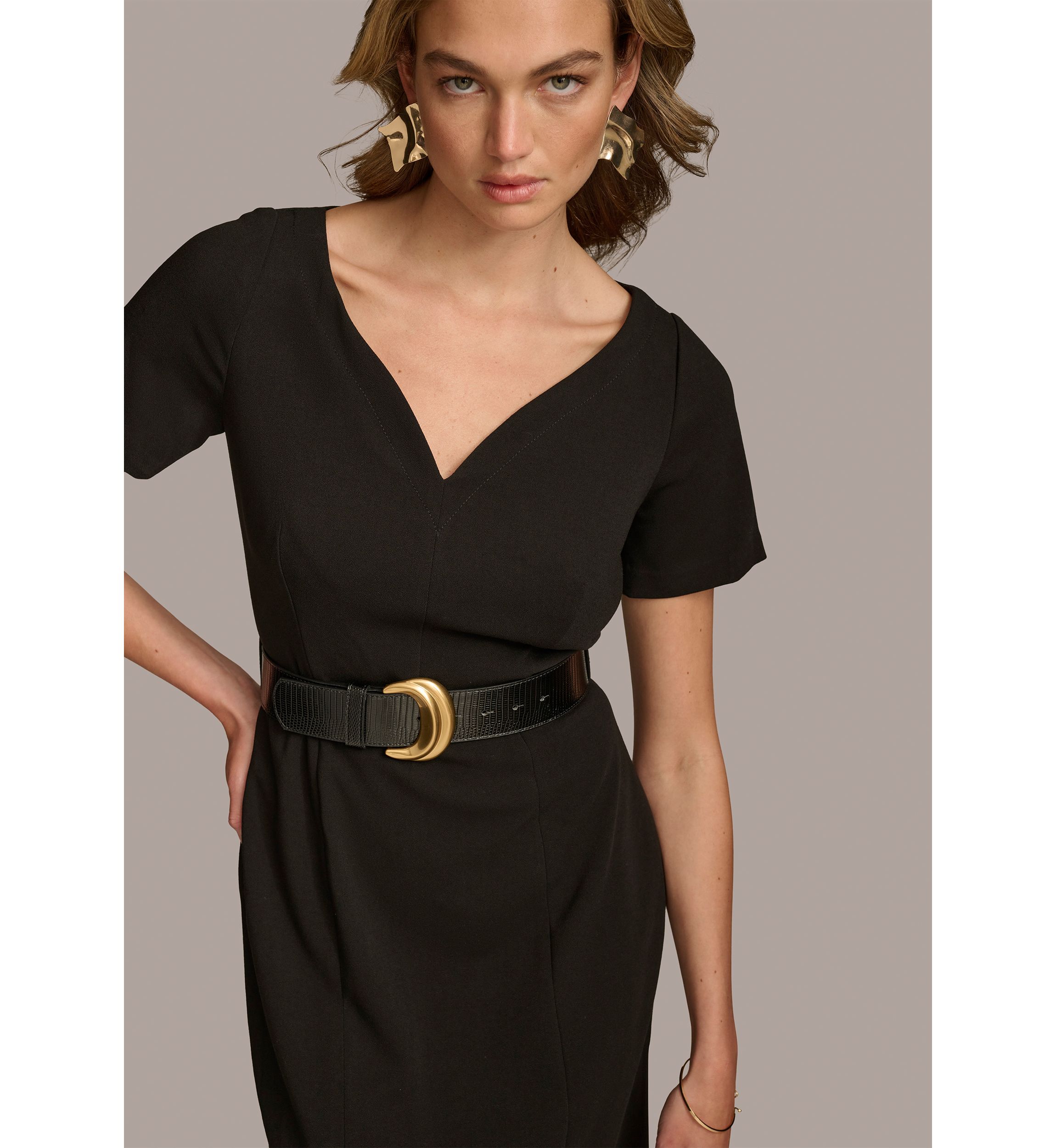 Womens Solid Belted Sheath Dress