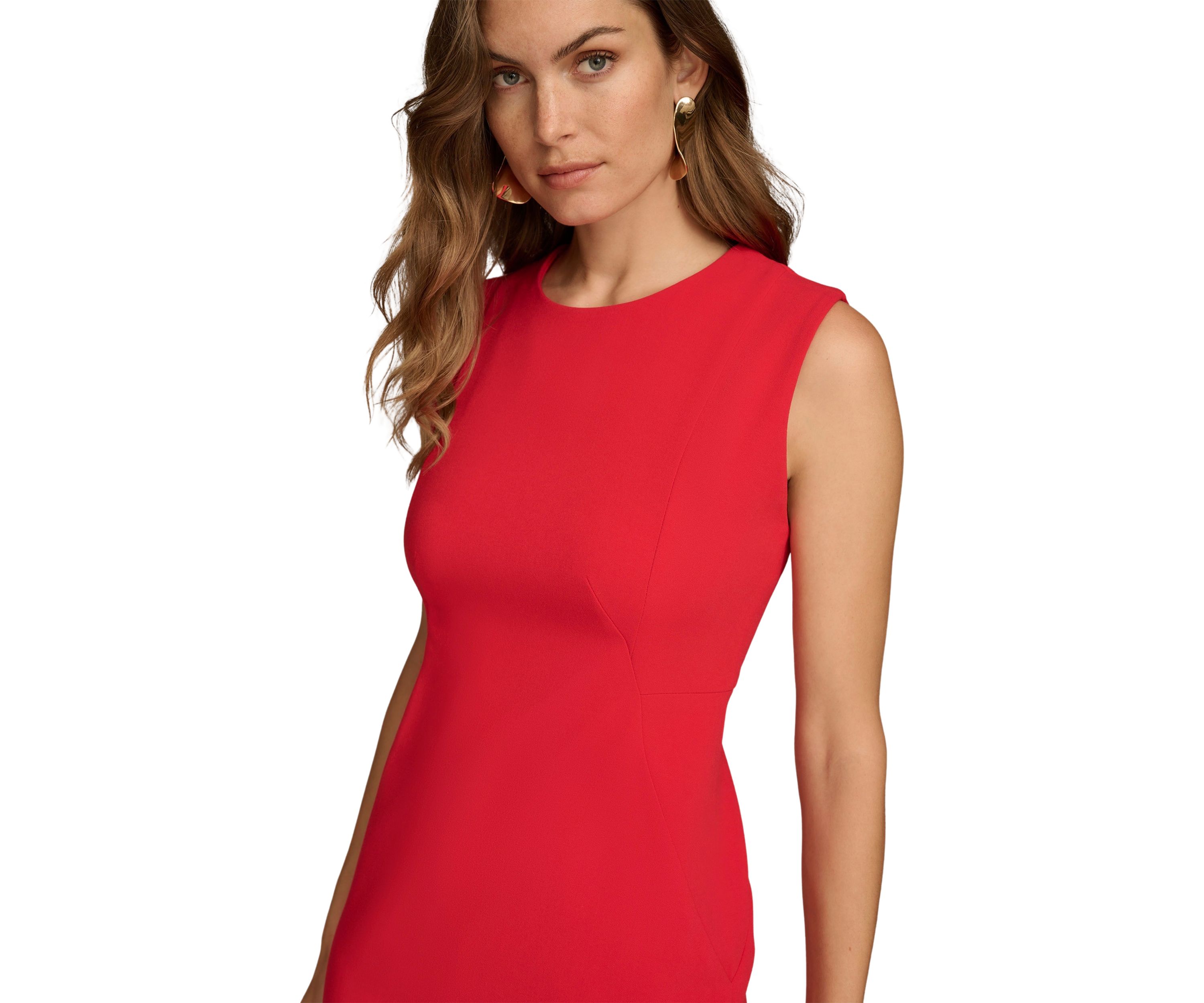 Womens Sleeveless Crew Neck Solid Sheath Dress