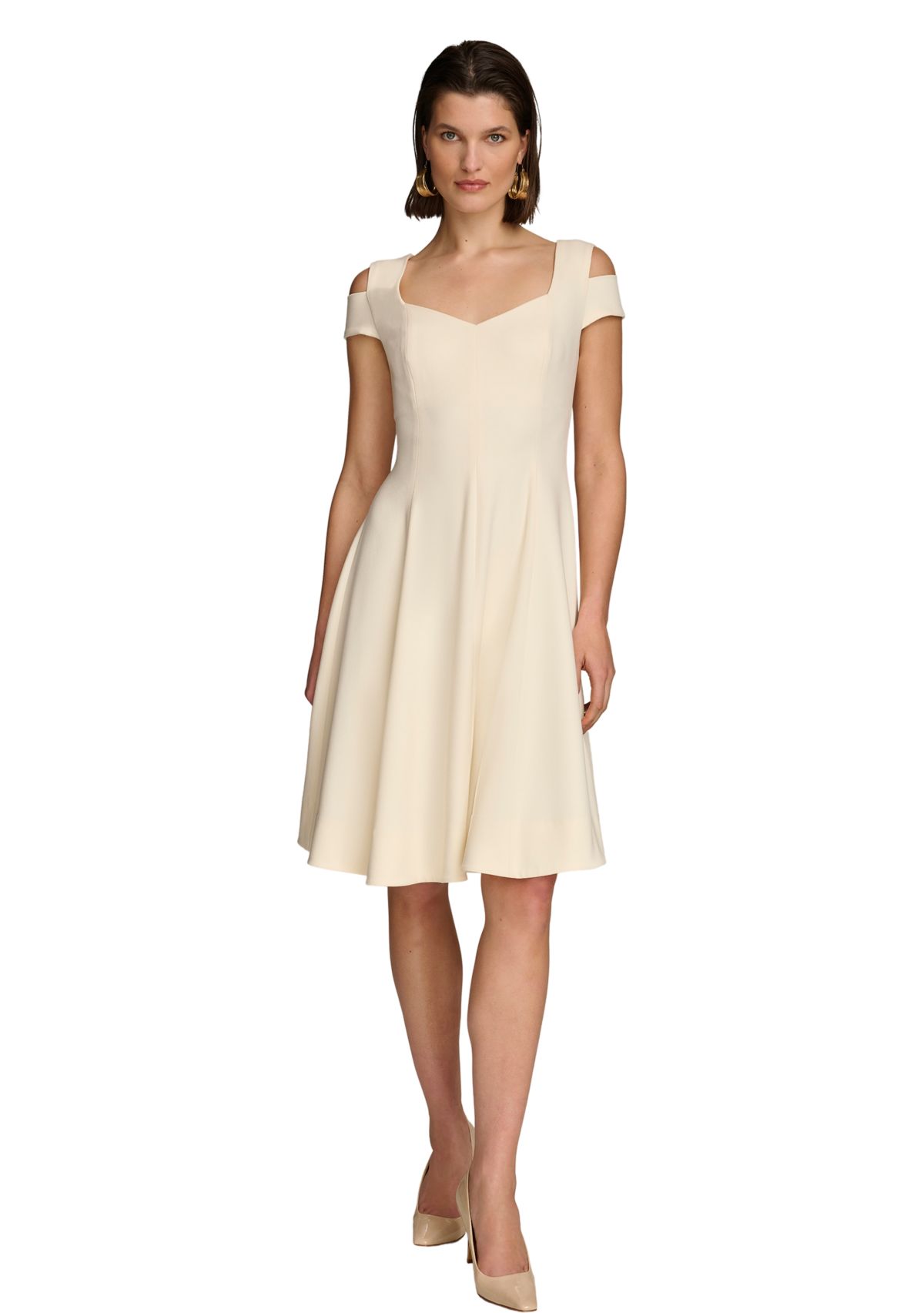 Womens Cold Shoulder Sweetheart Neck Solid Scuba Fit and Flare Dress