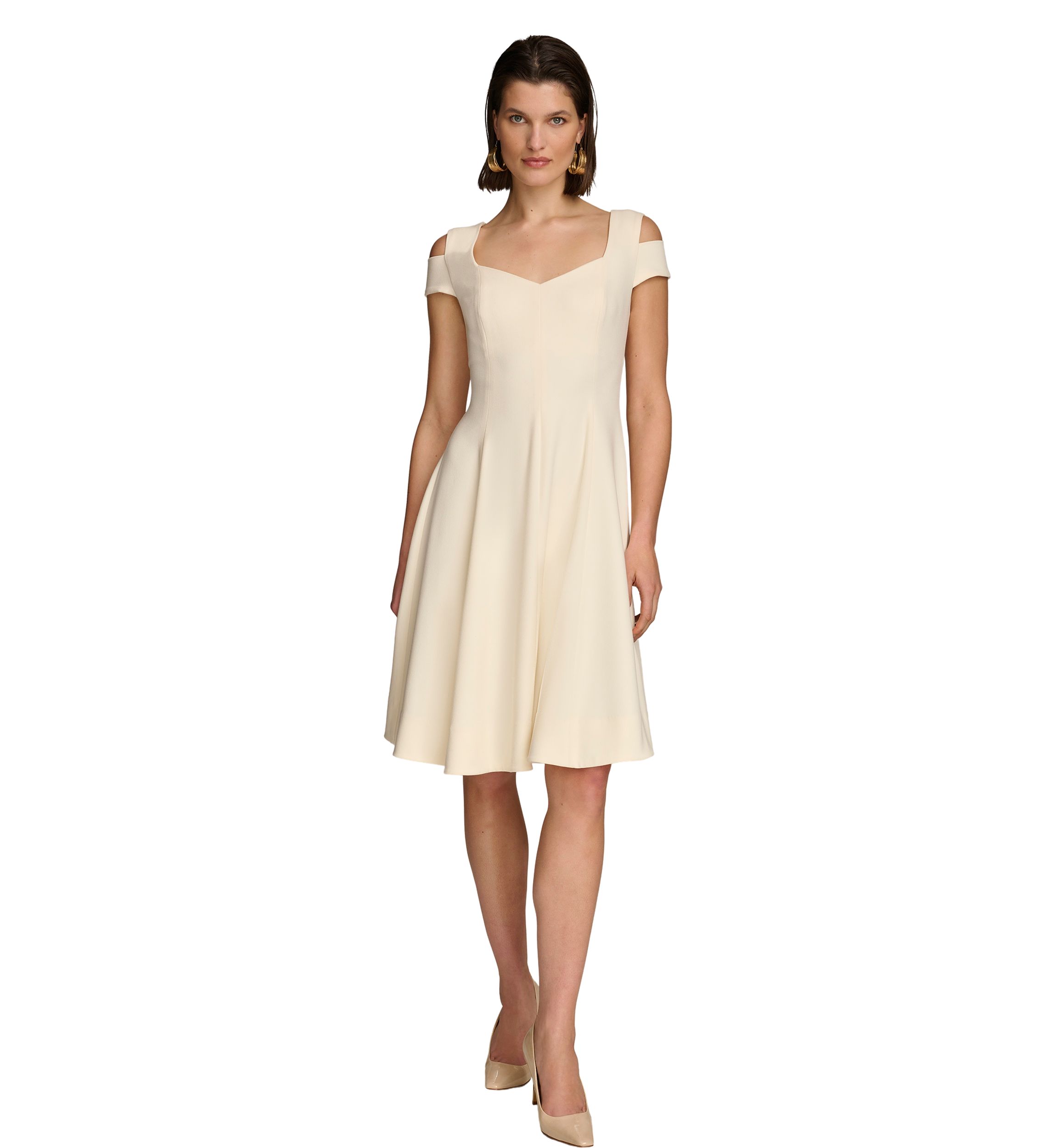 Womens Cold Shoulder Sweetheart Neck Solid Scuba Fit and Flare Dress
