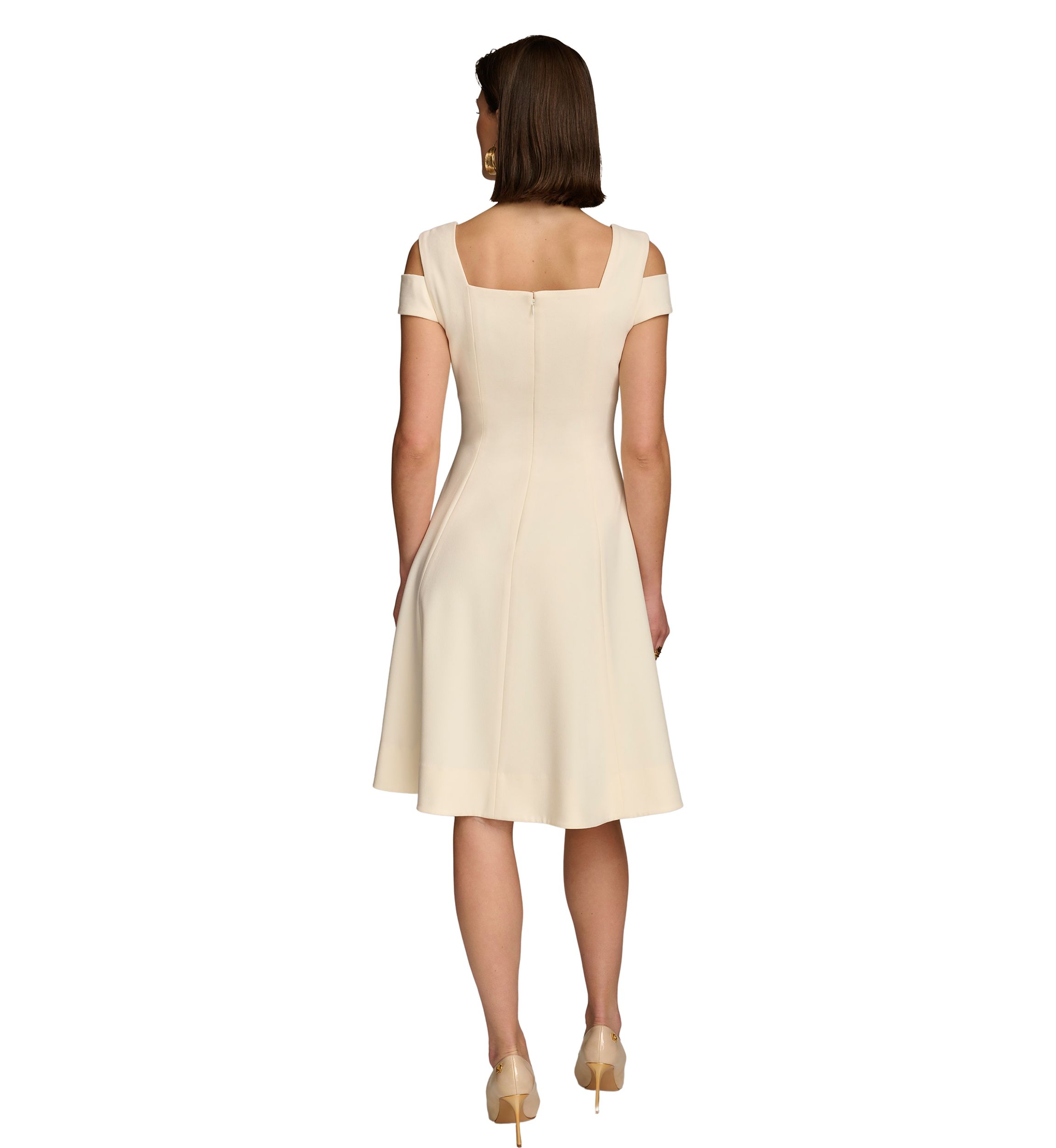Womens Cold Shoulder Sweetheart Neck Solid Scuba Fit and Flare Dress