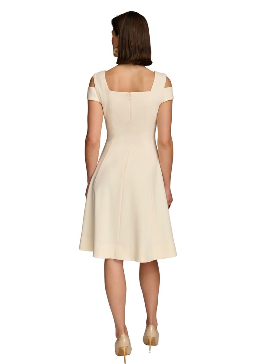 Womens Cold Shoulder Sweetheart Neck Solid Scuba Fit and Flare Dress