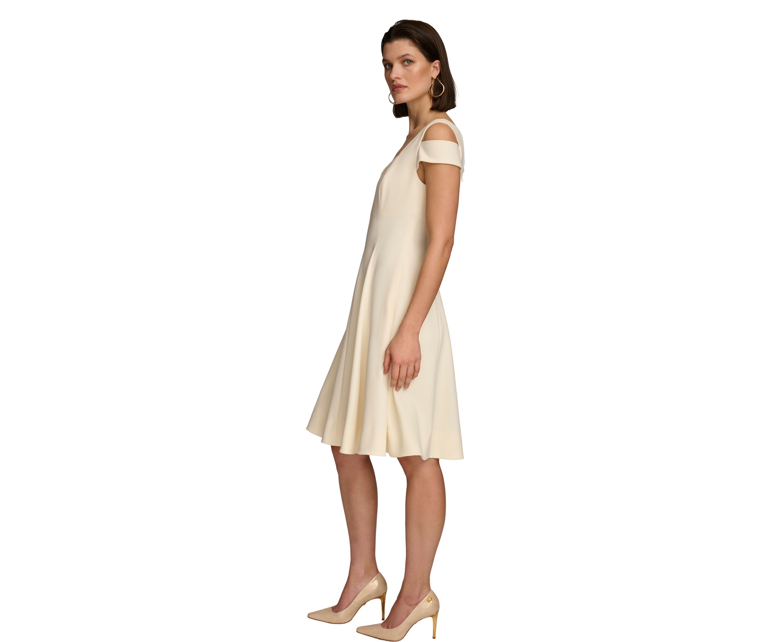Womens Cold Shoulder Sweetheart Neck Solid Scuba Fit and Flare Dress