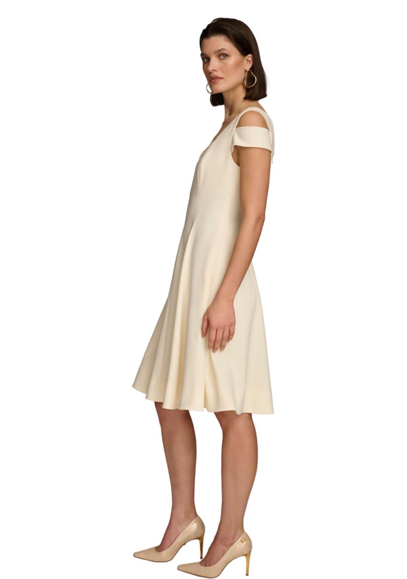 Womens Cold Shoulder Sweetheart Neck Solid Scuba Fit and Flare Dress