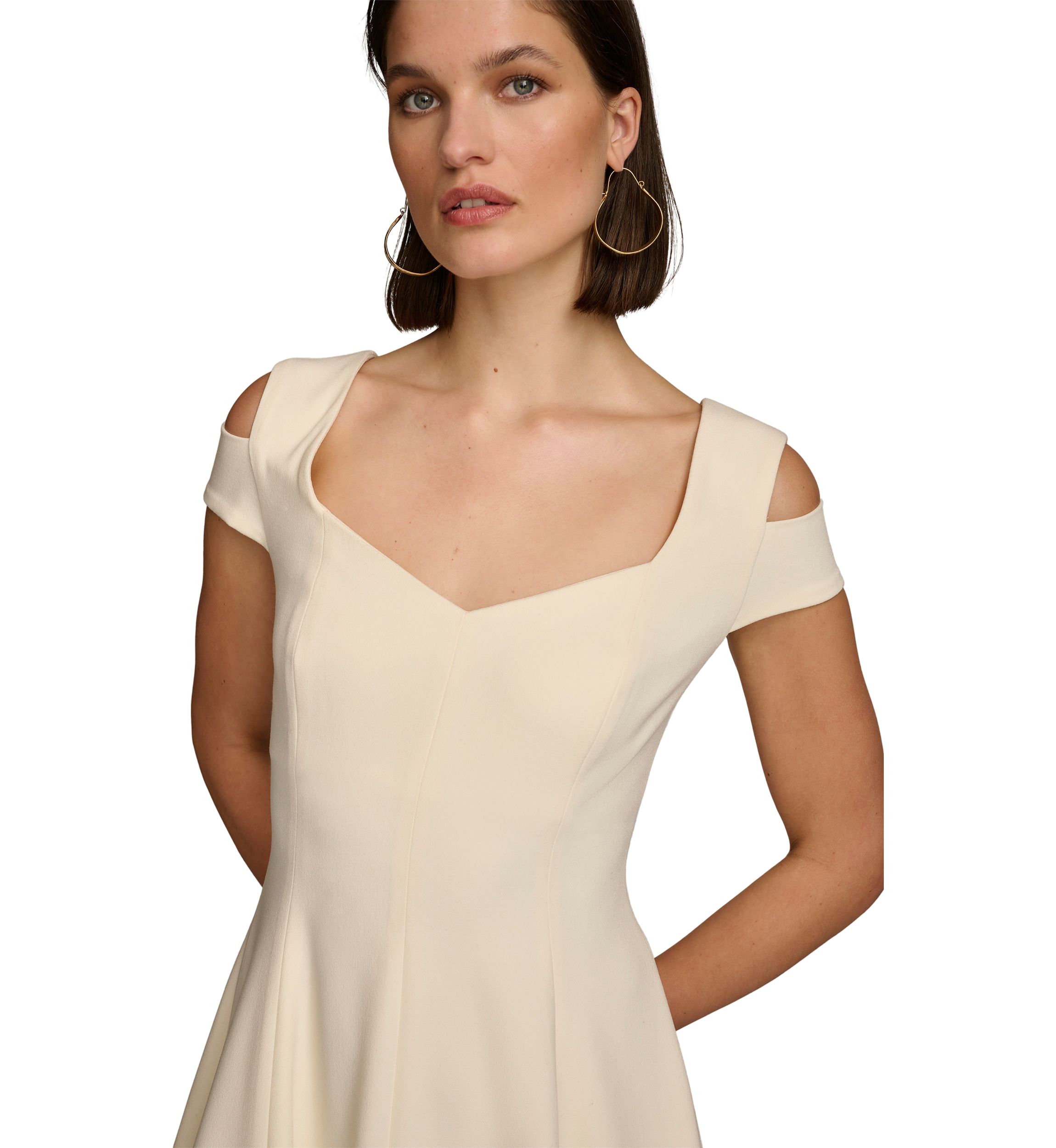 Womens Cold Shoulder Sweetheart Neck Solid Scuba Fit and Flare Dress