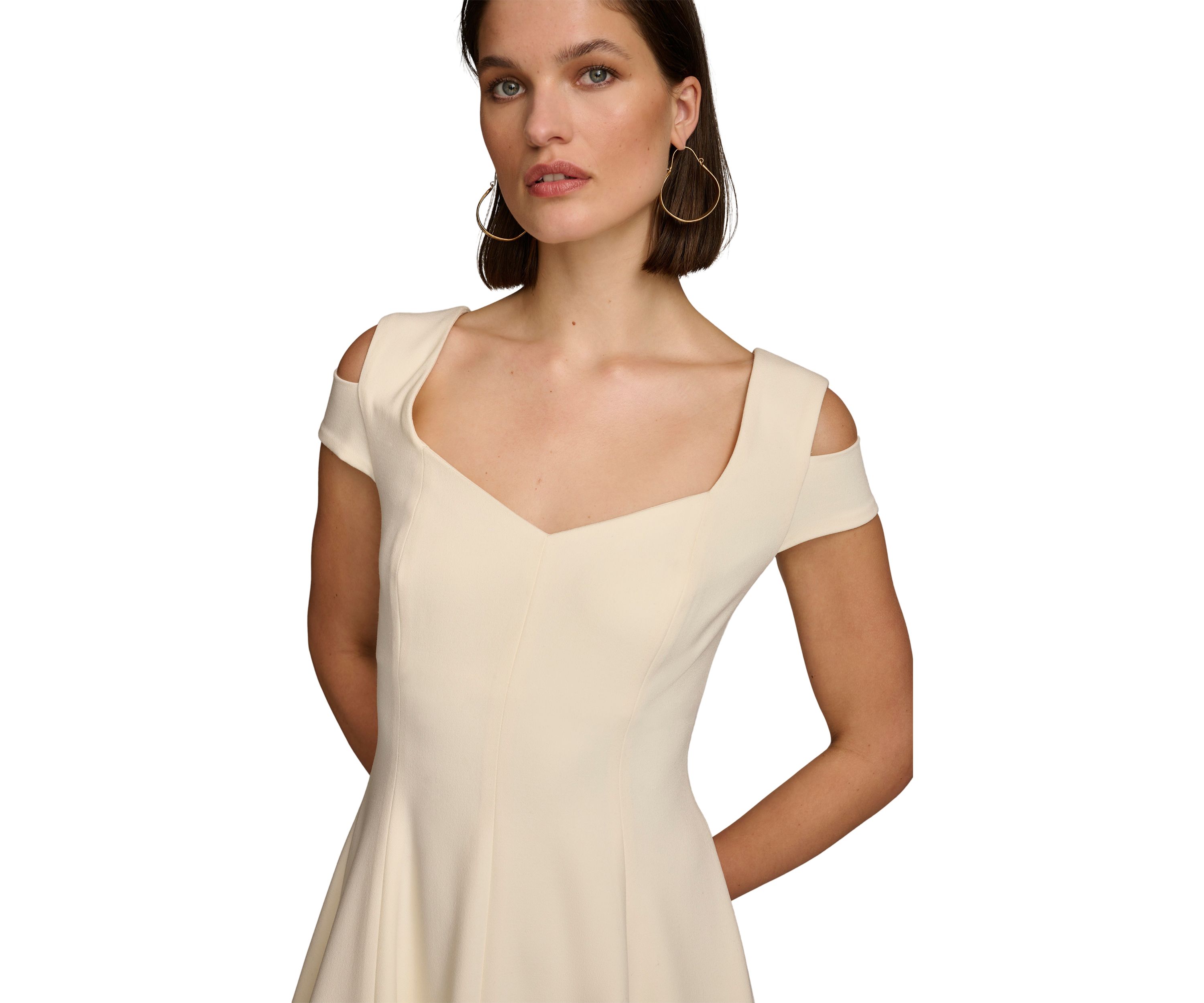 Womens Cold Shoulder Sweetheart Neck Solid Scuba Fit and Flare Dress