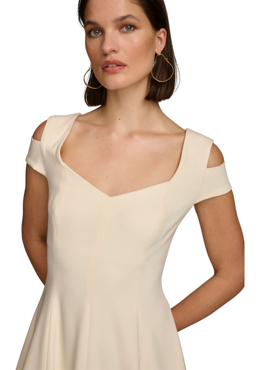 Womens Cold Shoulder Sweetheart Neck Solid Scuba Fit and Flare Dress