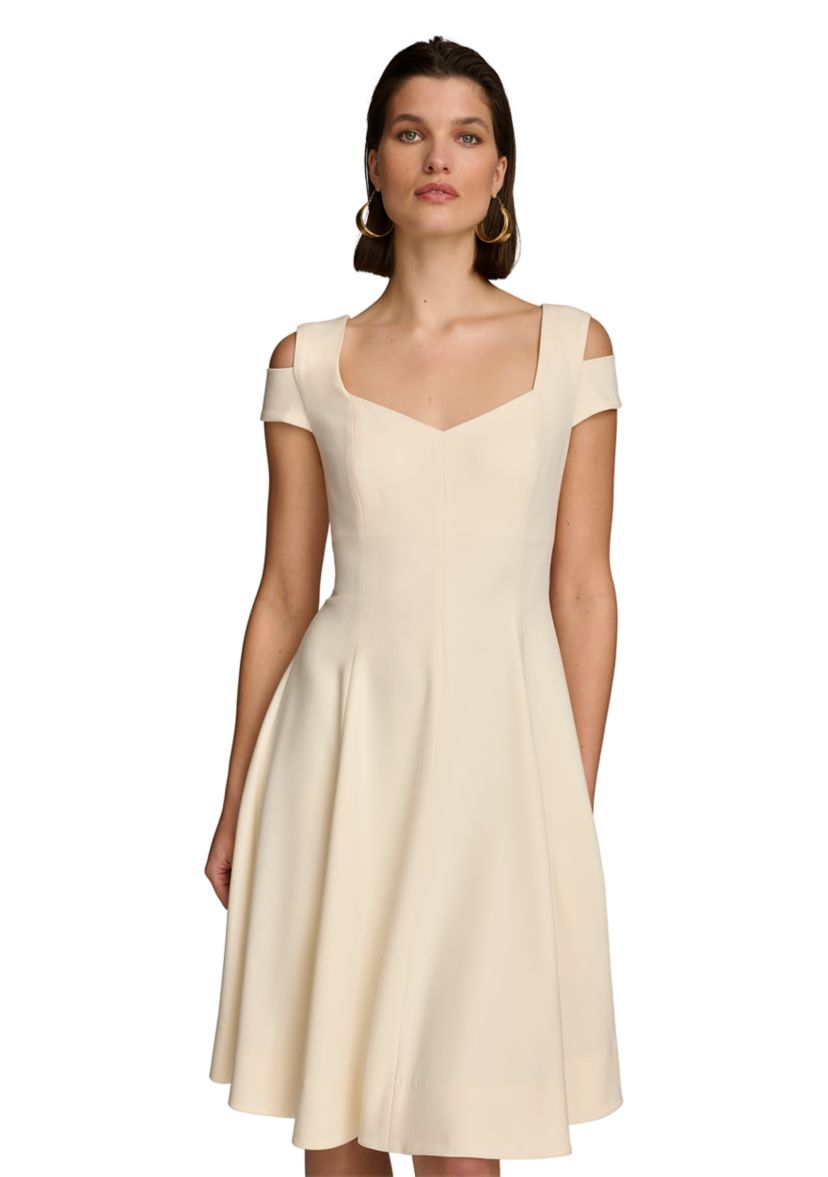Womens Cold Shoulder Sweetheart Neck Solid Scuba Fit and Flare Dress