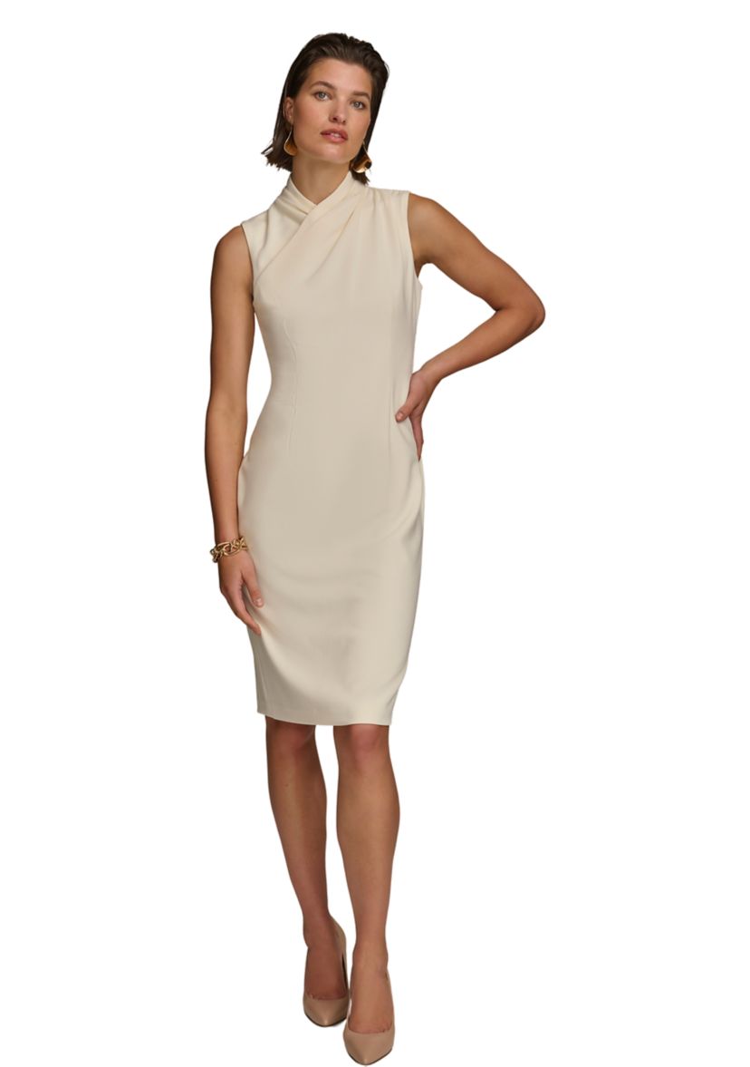 Womens Sleeveless Surplice Solid Scuba A-Line Dress