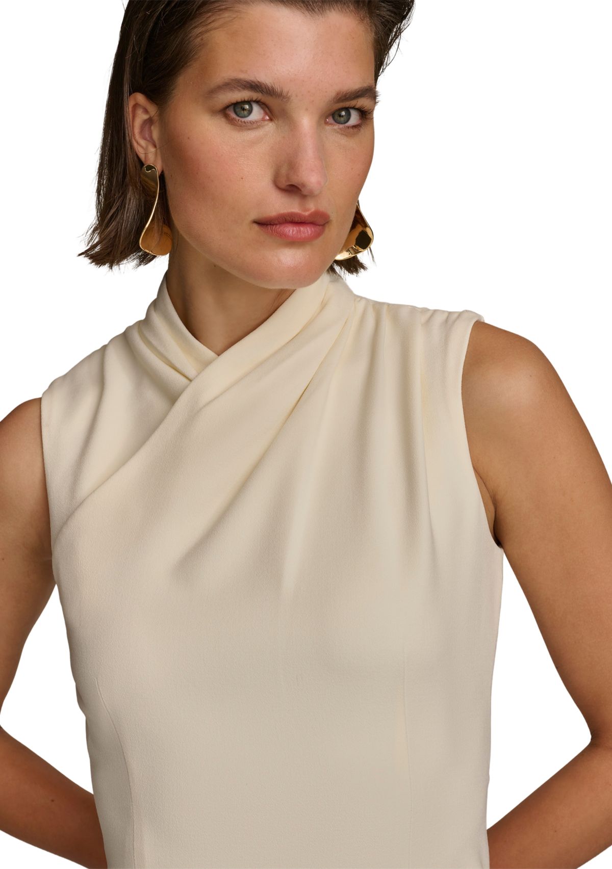 Womens Sleeveless Surplice Solid Scuba A-Line Dress