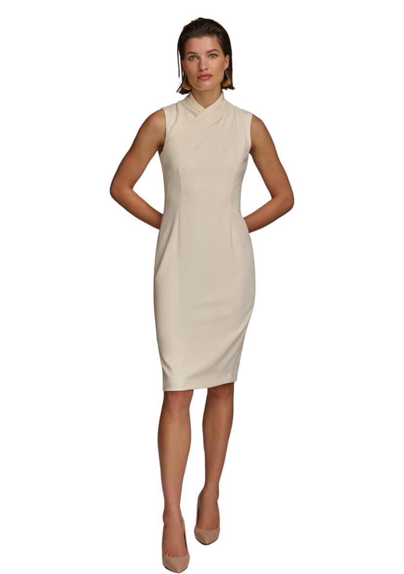 Womens Sleeveless Surplice Solid Scuba A-Line Dress