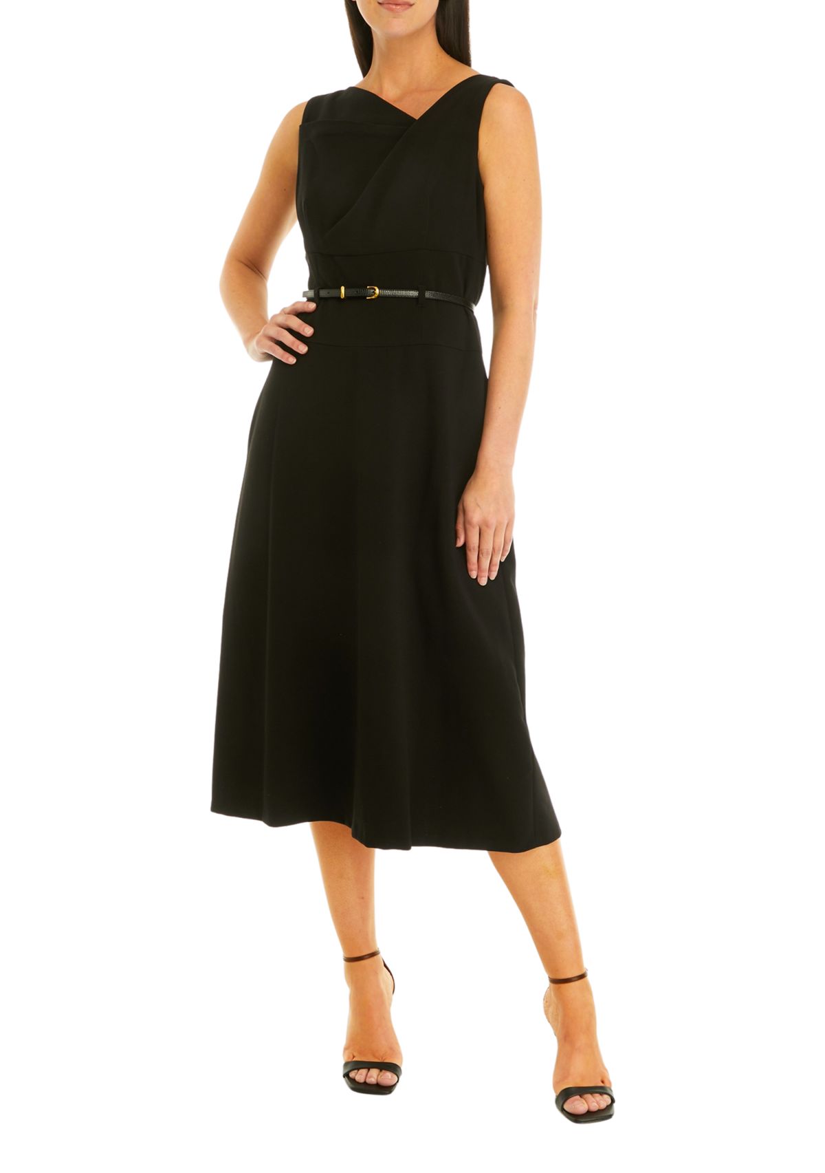 Womens Sleeveless Solid Belted Fit and Flare Dress