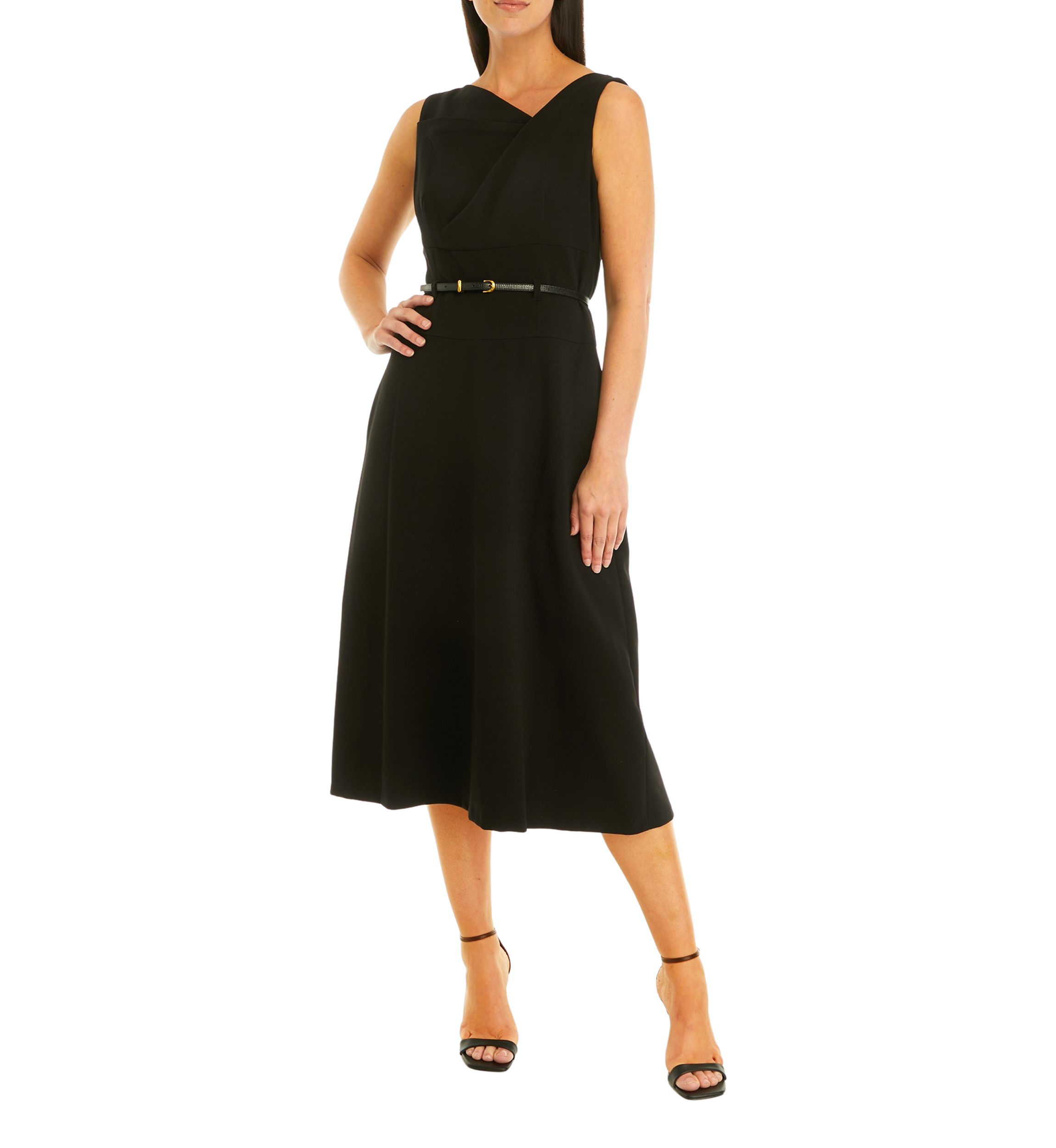 Womens Sleeveless Solid Belted Fit and Flare Dress