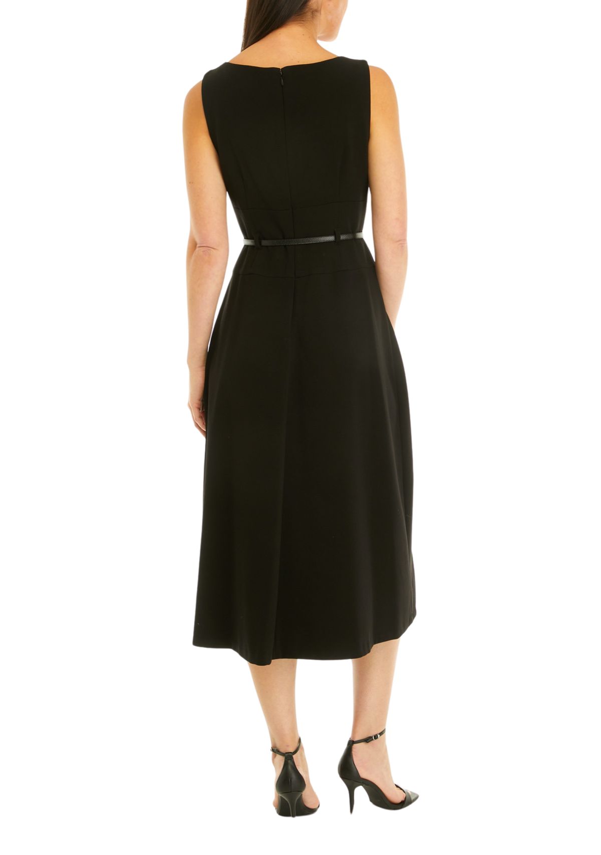 Womens Sleeveless Solid Belted Fit and Flare Dress