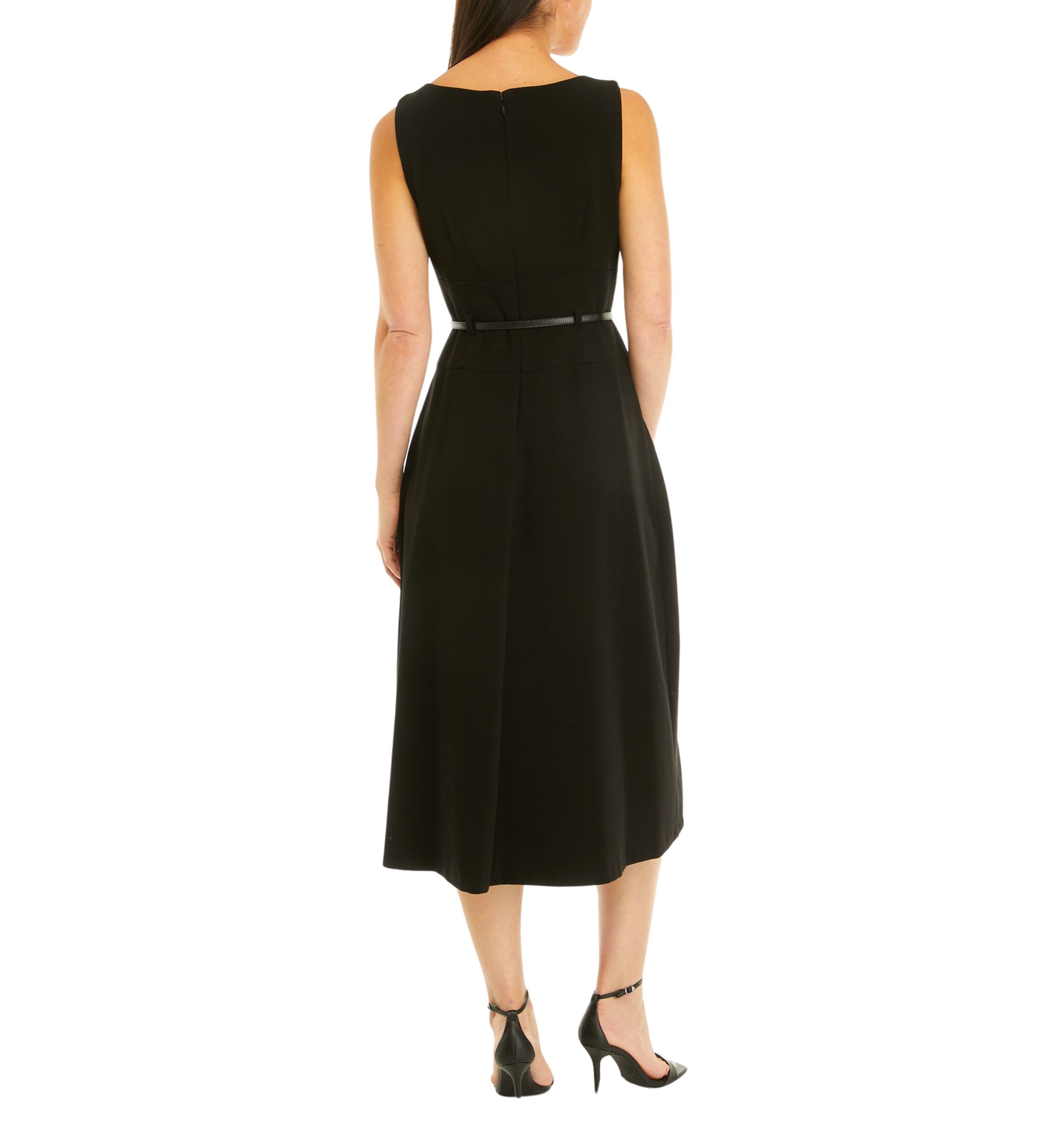 Womens Sleeveless Solid Belted Fit and Flare Dress