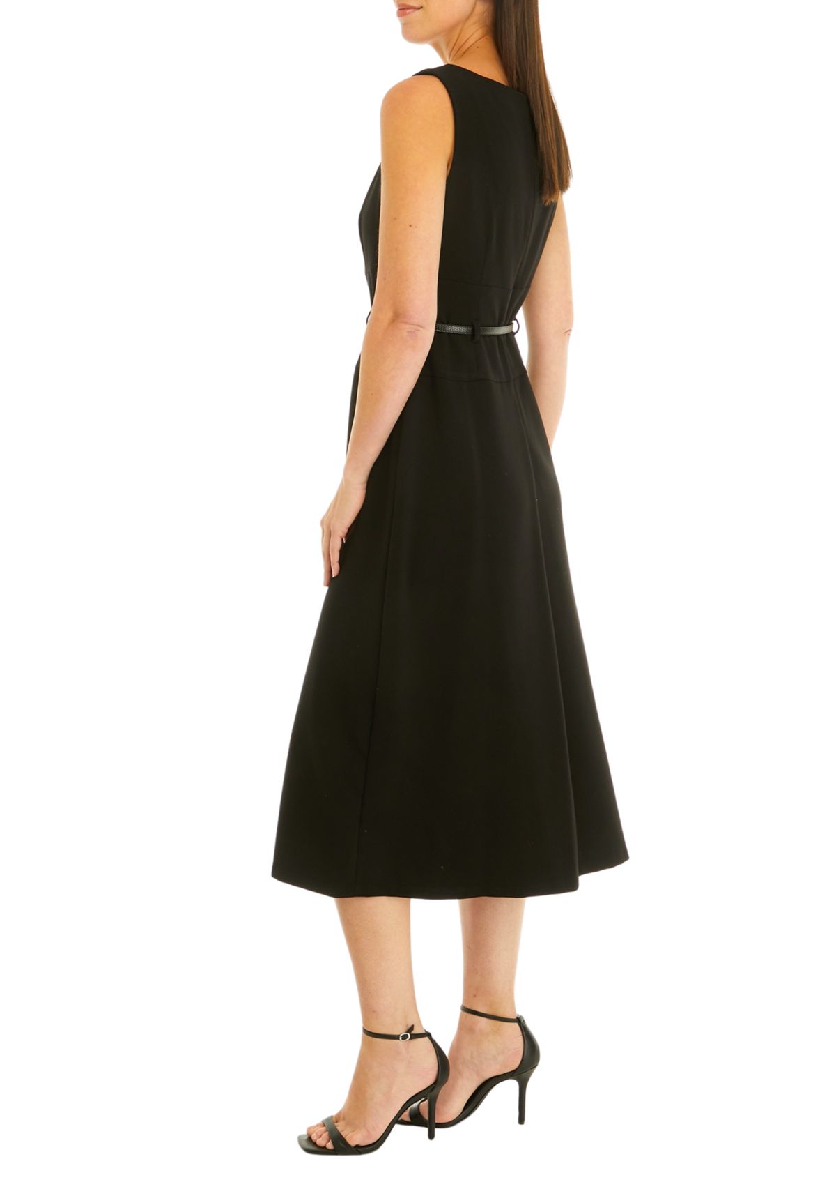 Womens Sleeveless Solid Belted Fit and Flare Dress