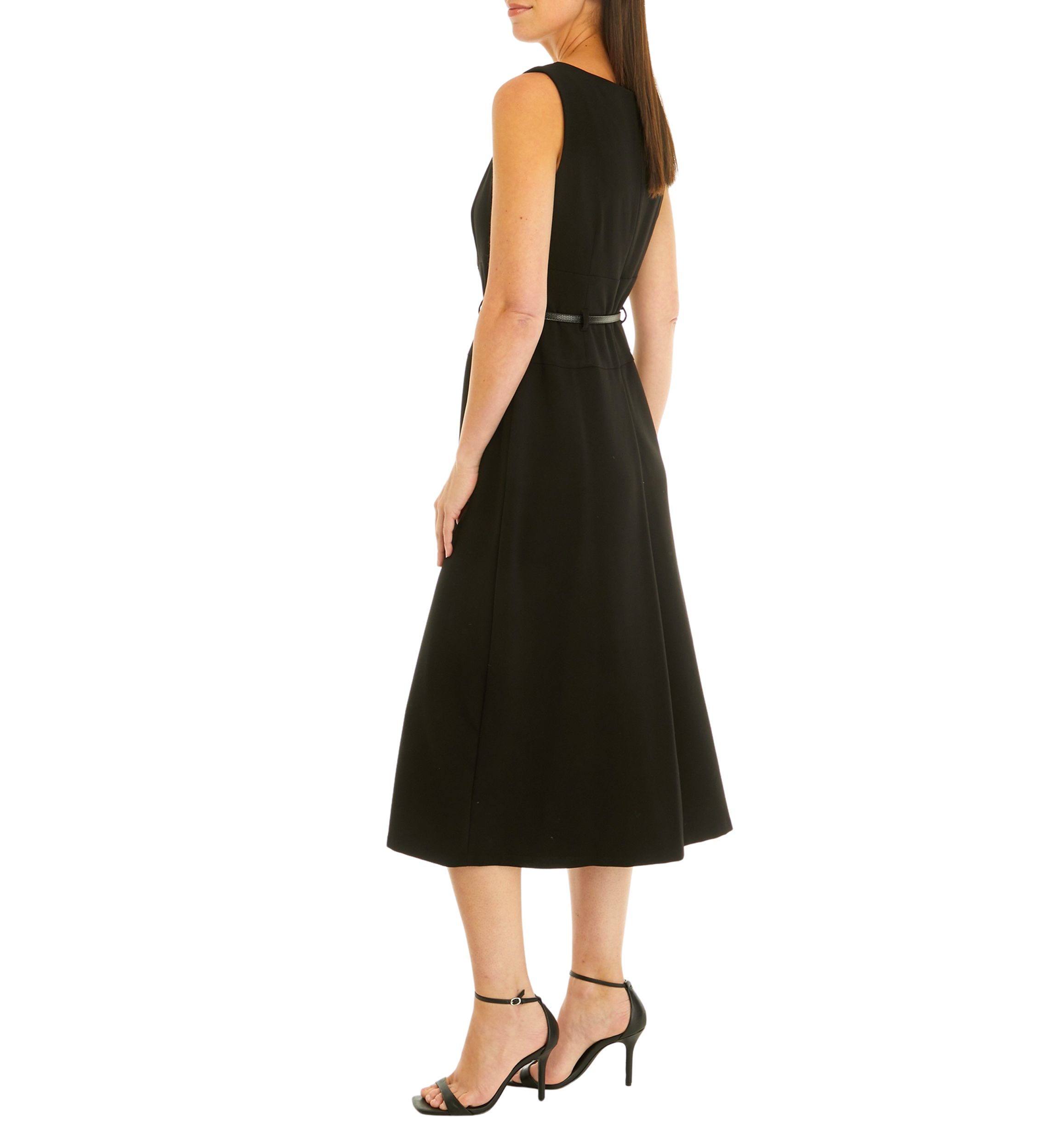 Womens Sleeveless Solid Belted Fit and Flare Dress