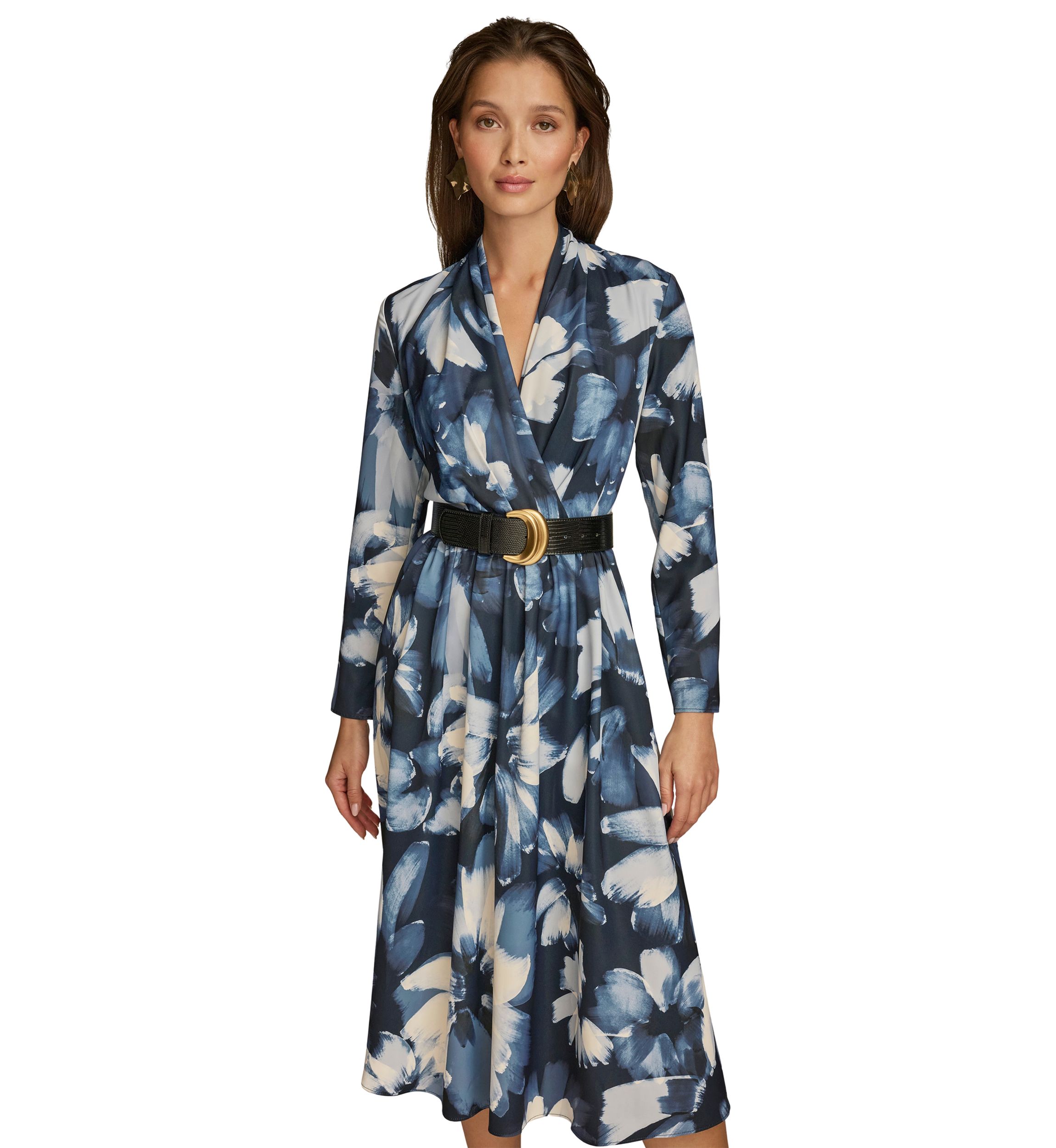 Plus Size Long Sleeve V-Neck Belted Floral Print Midi Dress