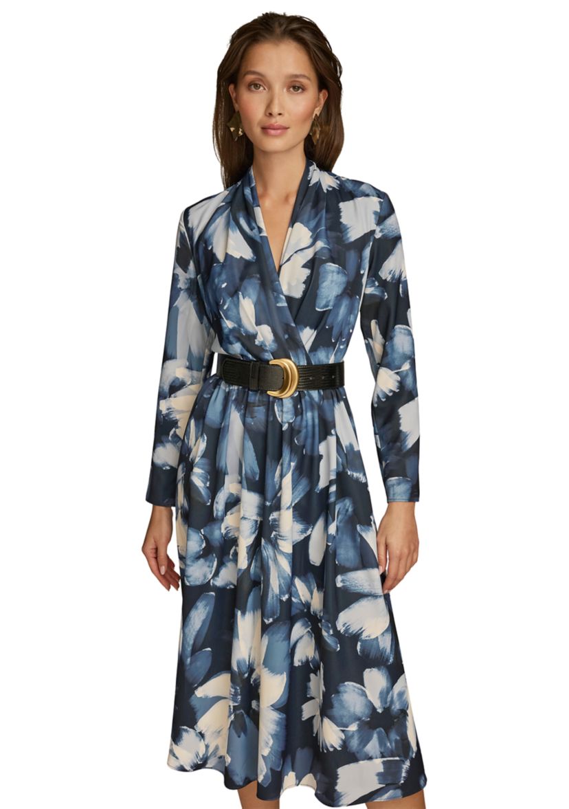 Plus Size Long Sleeve V-Neck Belted Floral Print Midi Dress