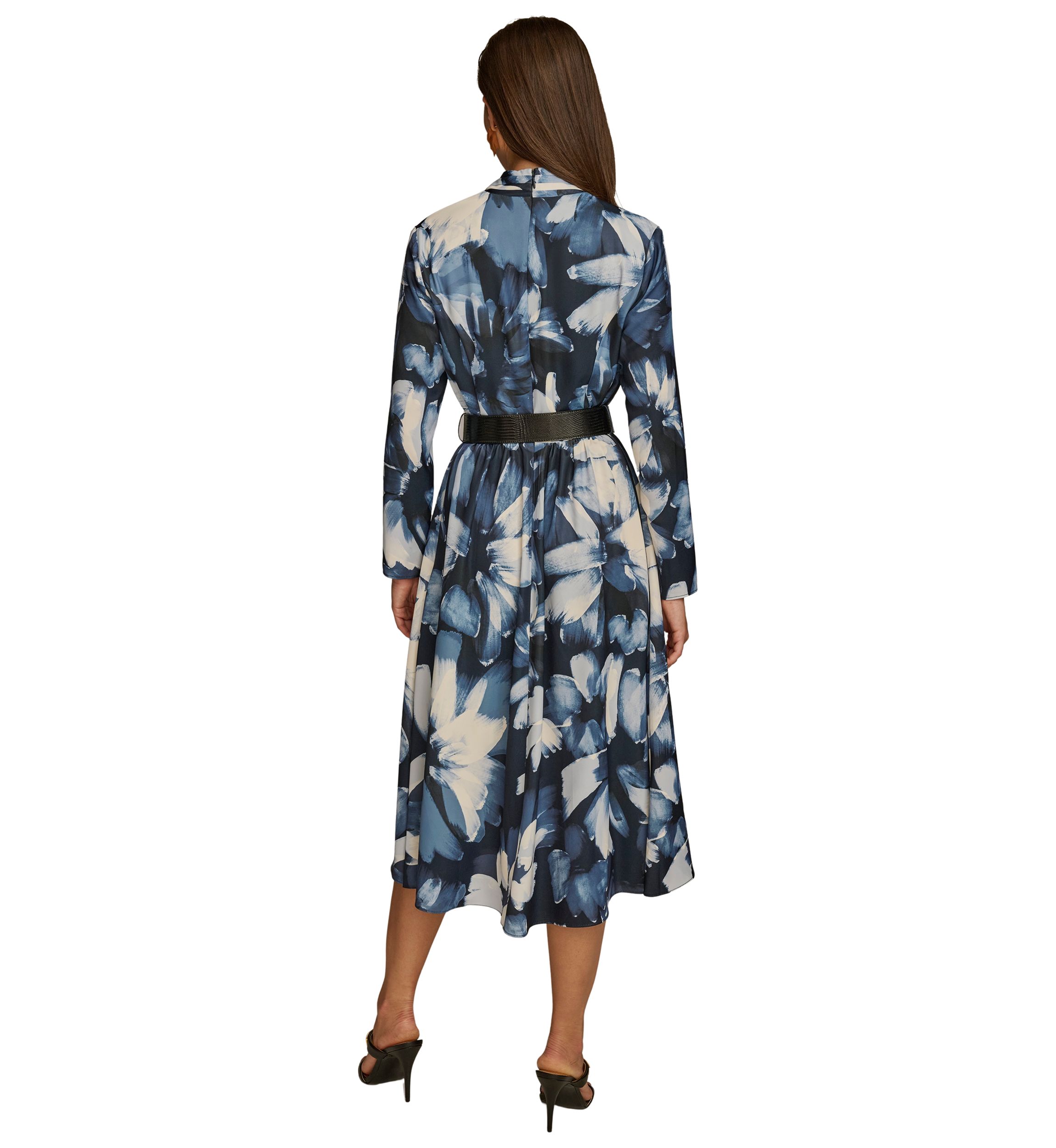 Plus Size Long Sleeve V-Neck Belted Floral Print Midi Dress