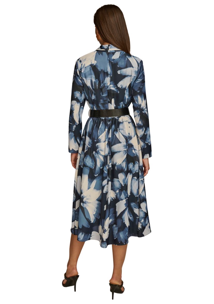 Plus Size Long Sleeve V-Neck Belted Floral Print Midi Dress
