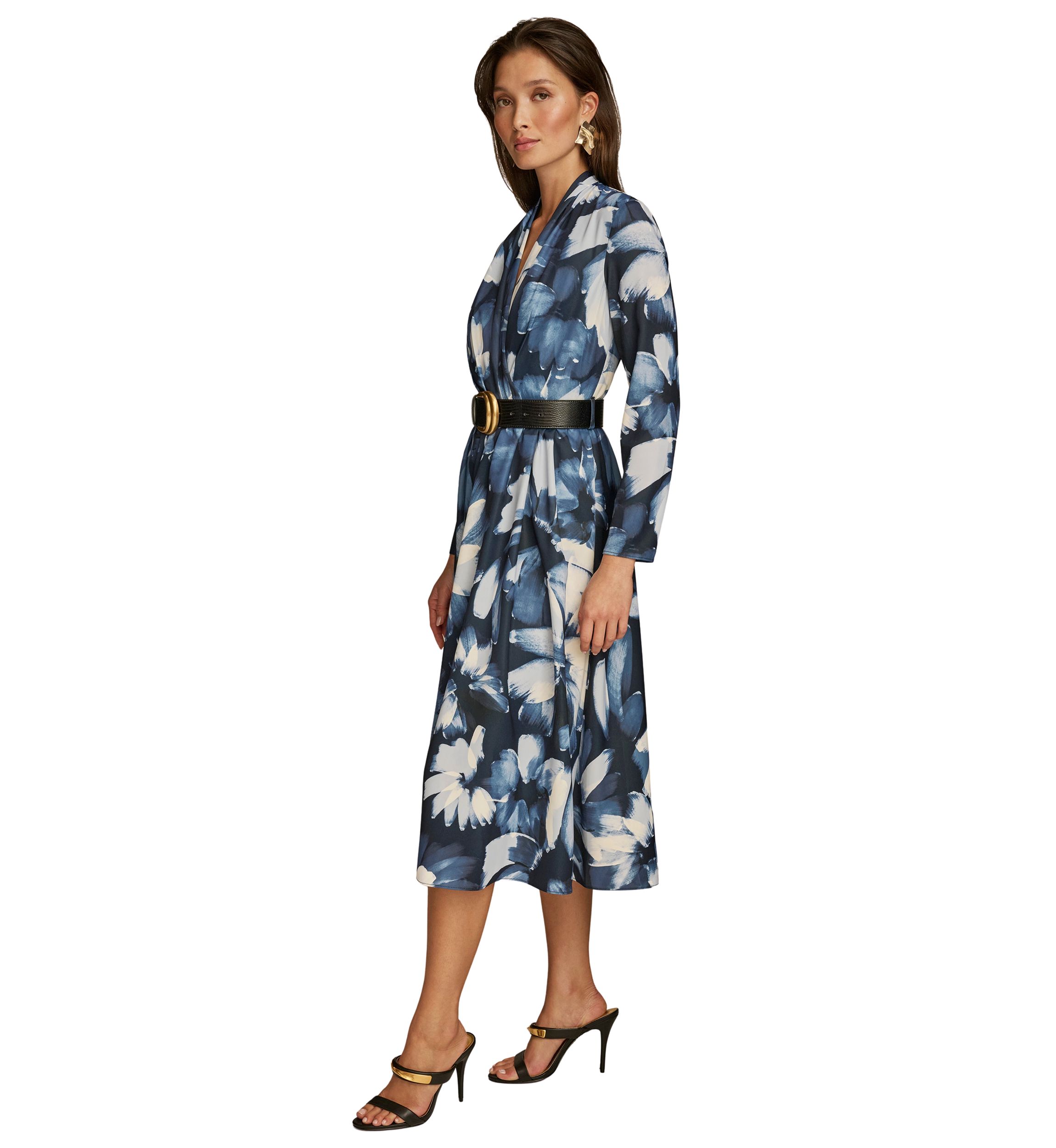 Plus Size Long Sleeve V-Neck Belted Floral Print Midi Dress
