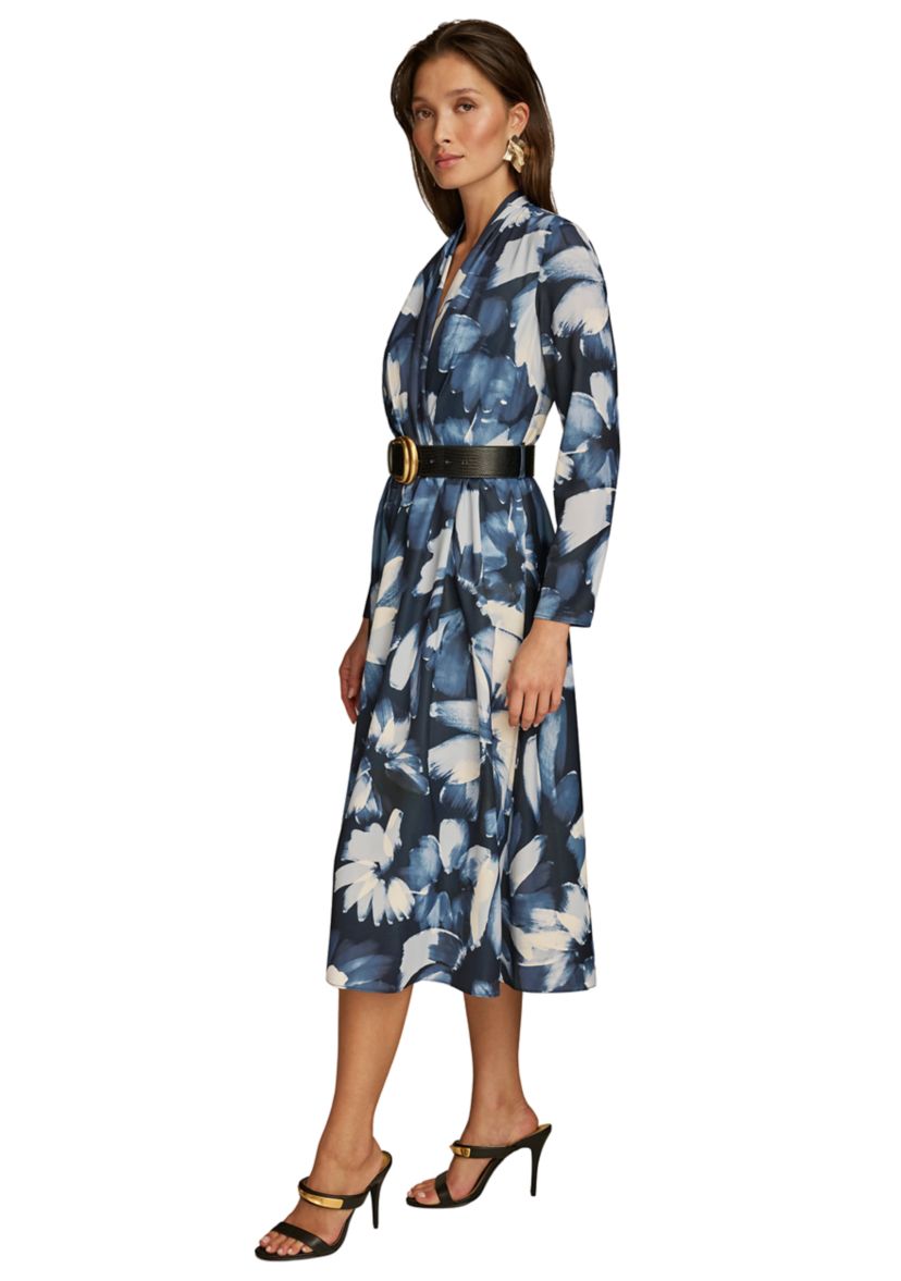 Plus Size Long Sleeve V-Neck Belted Floral Print Midi Dress